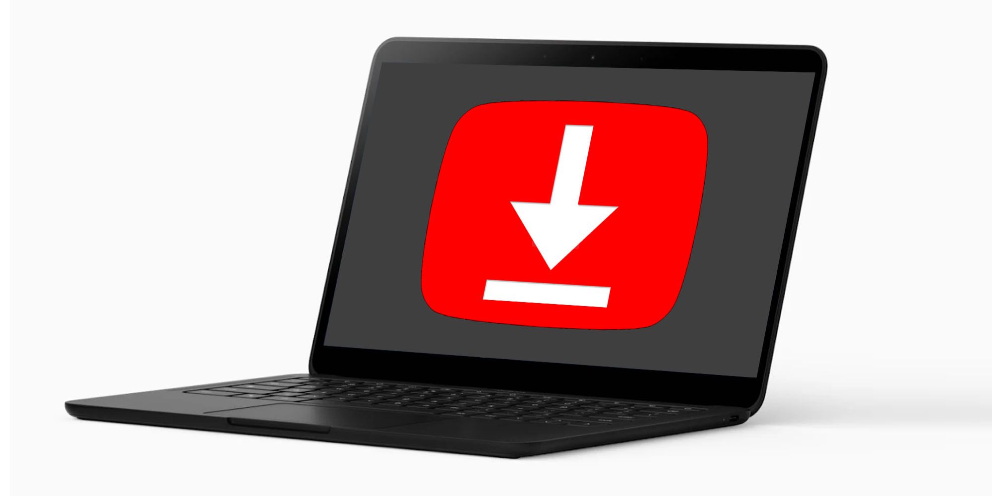 A laptop against a white background with a large red download icon on the screen,