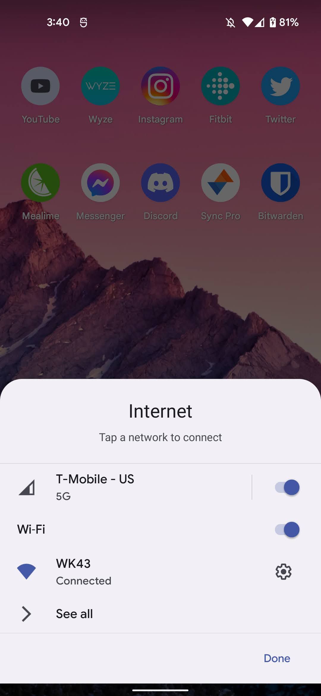 Screenshot of Android 12 Internet popup 