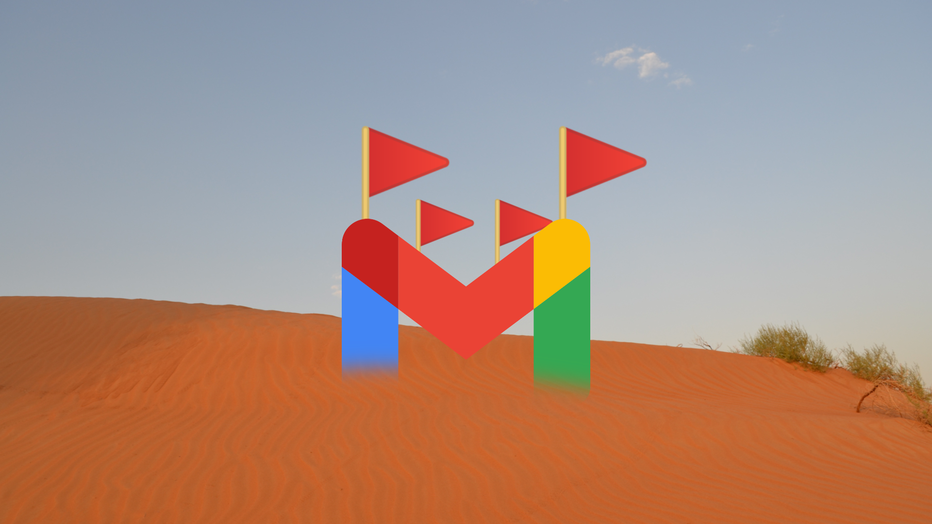 The Gmail logo with four red flags on top. The logo is set against a desert background with a blue sky instead of its usual background.