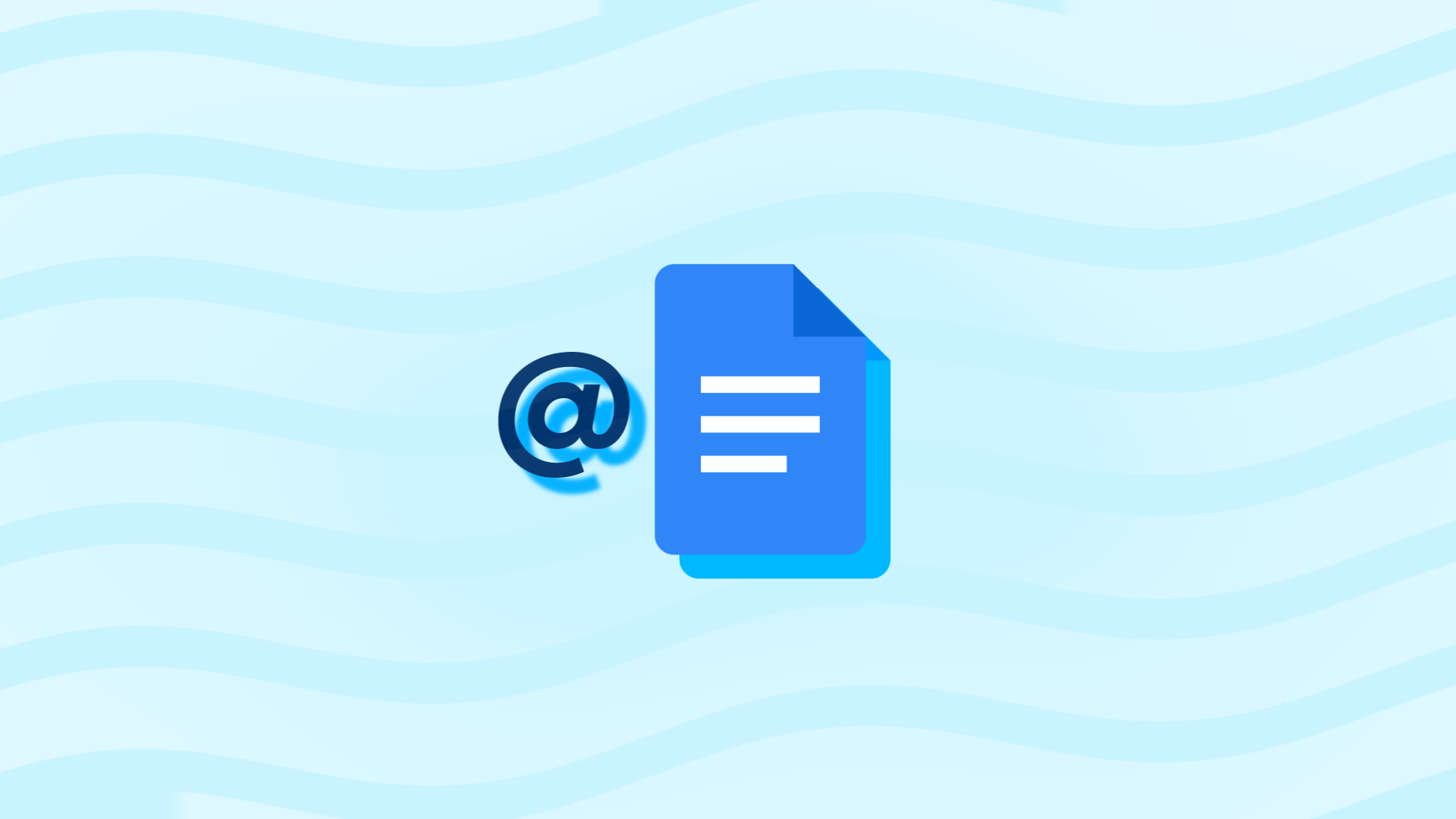 The at symbol and the Google Docs logo against a light blue background with wavy lines