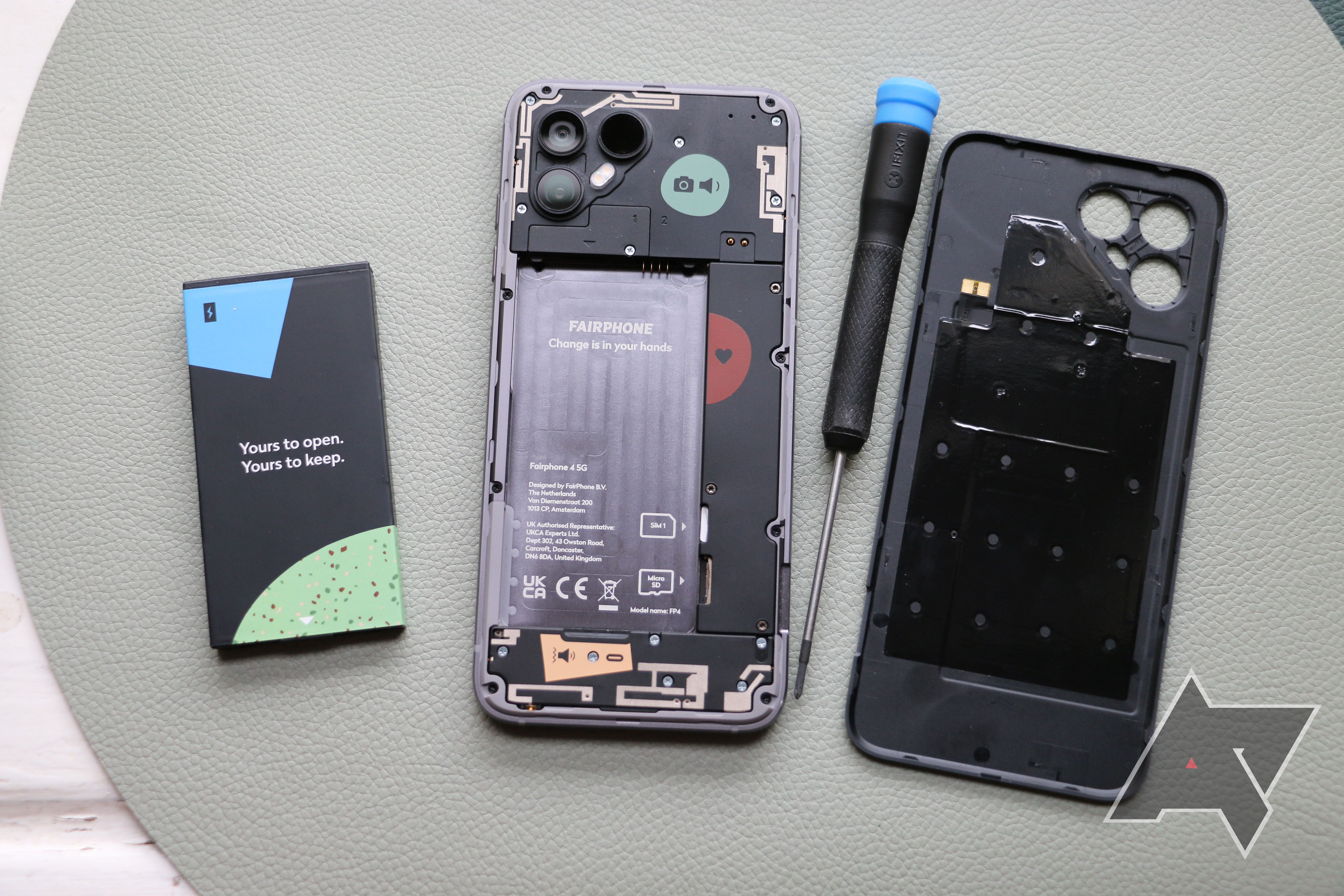 The Fairphone 4 with the back and battery removed