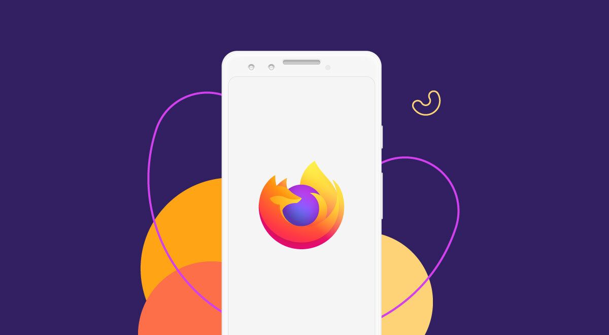 Image of a white smartphone with a Firefox logo on the screen, placed on a vibrant purple background with abstract colorful lines.