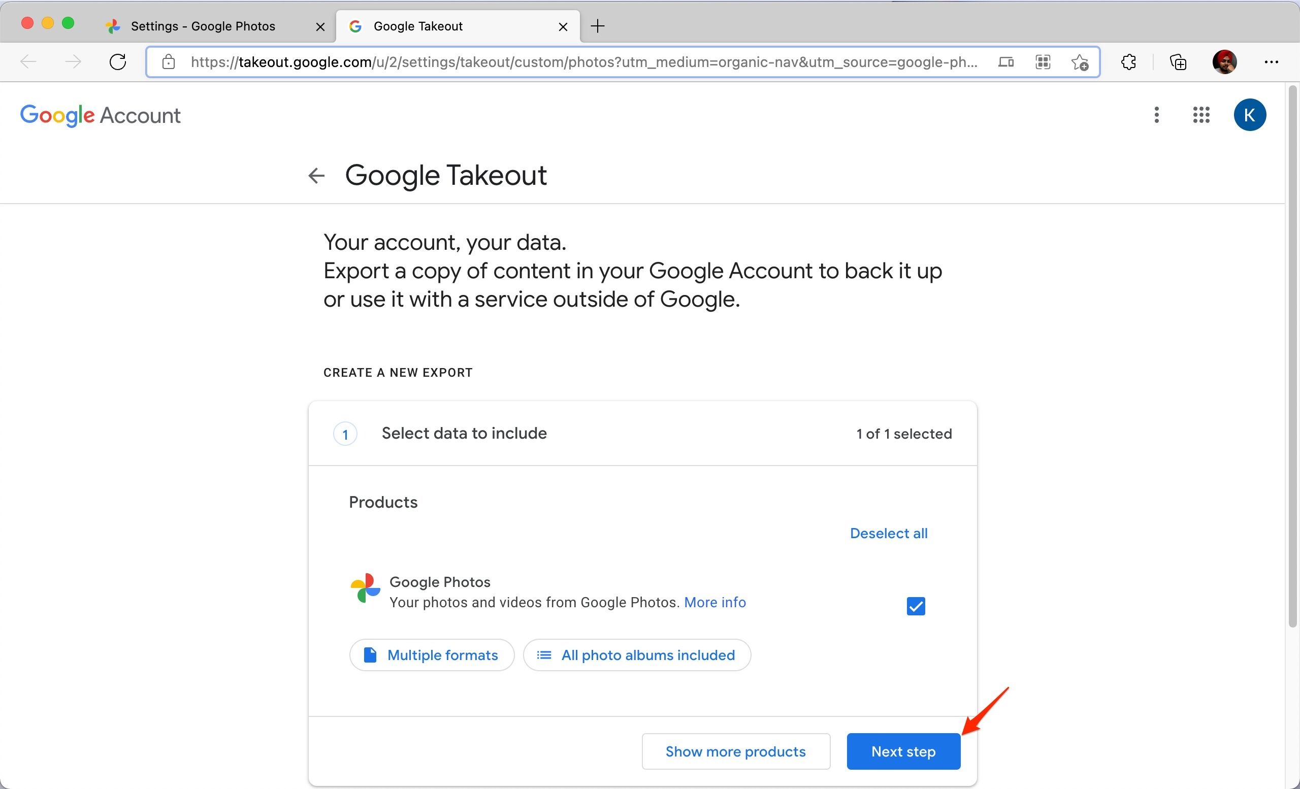 Google Photos Takeout page