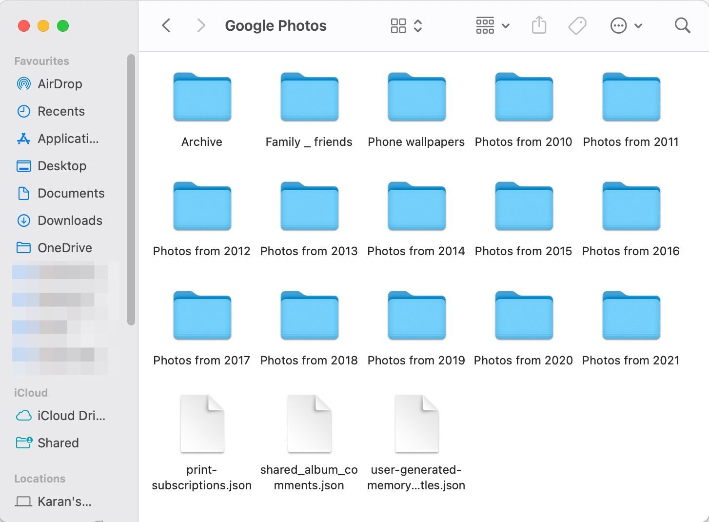 Google Photos Takeout folder contents