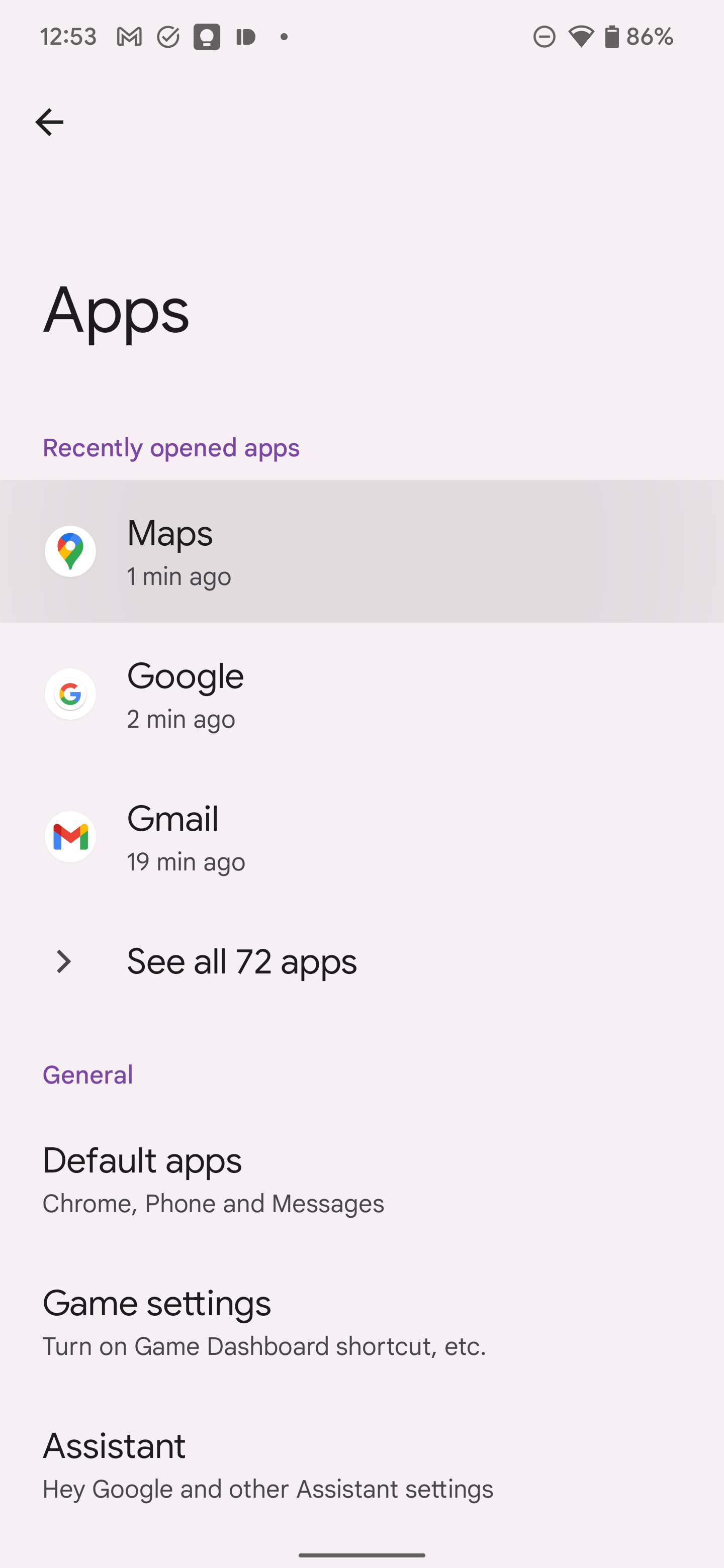 Screenshot shows the 'Apps' page in settings for the Google Pixel.