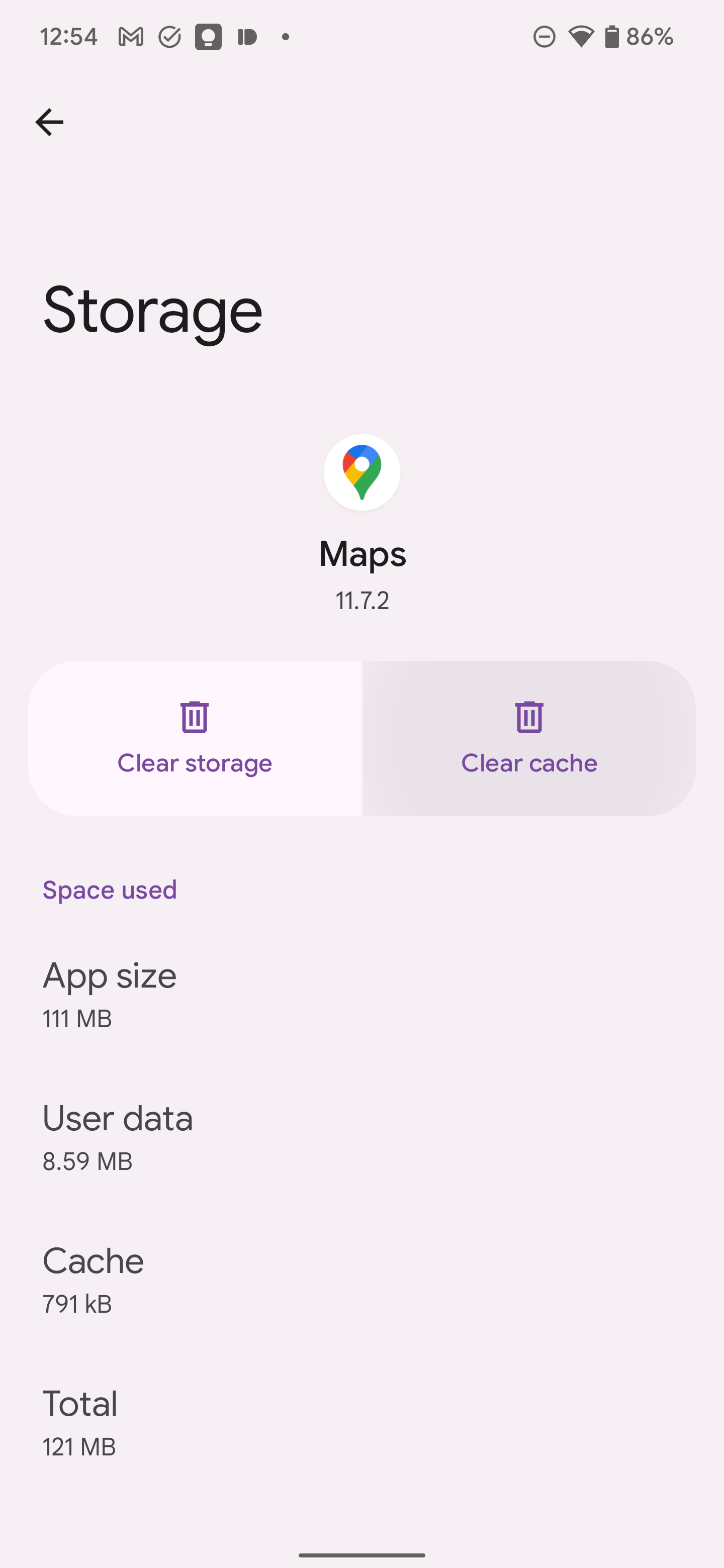 Screenshot shows the 'Storage and cache' page for the Maps app. Clear storage and Clear cache options are shown, with Clear cache highlighted.