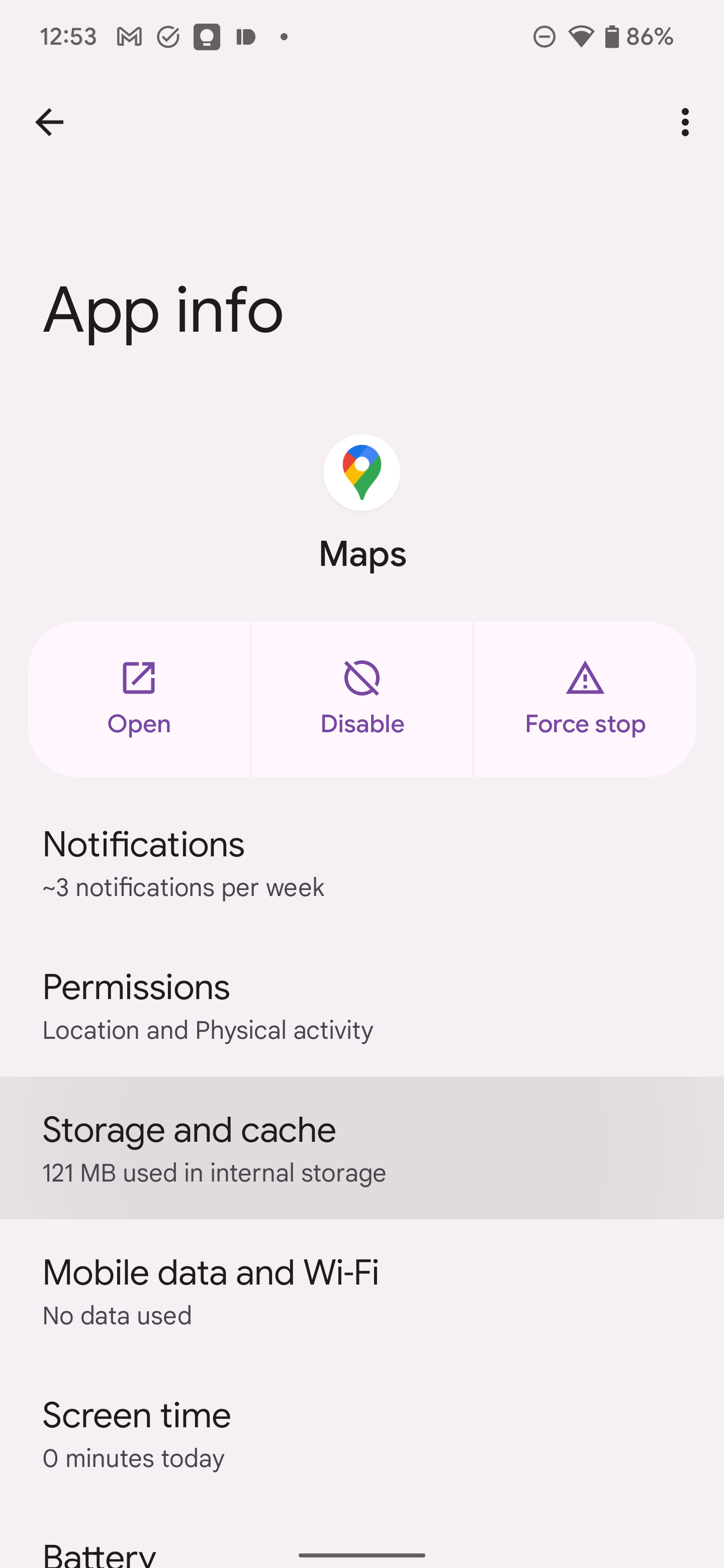 Screenshot shows the specific app settings page for Maps. 'Storage and cache' is highlighted.