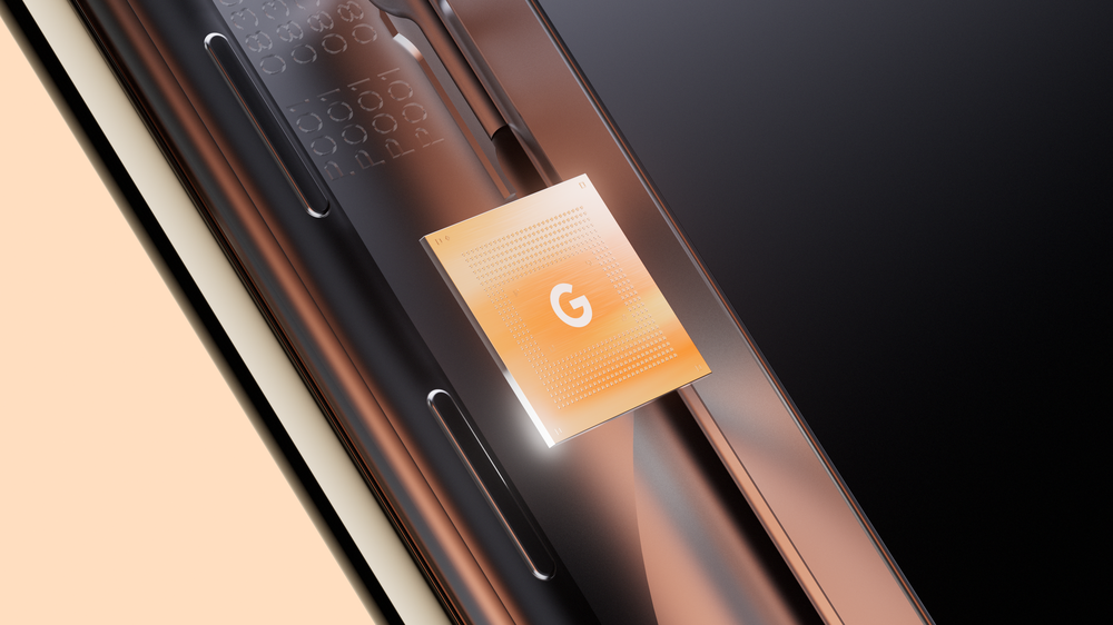 Render of Google Tensor G2 chipset with metallic object in background