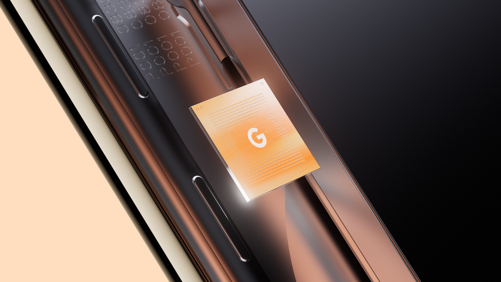 Render of Google Tensor G2 chipset with metallic object in background.