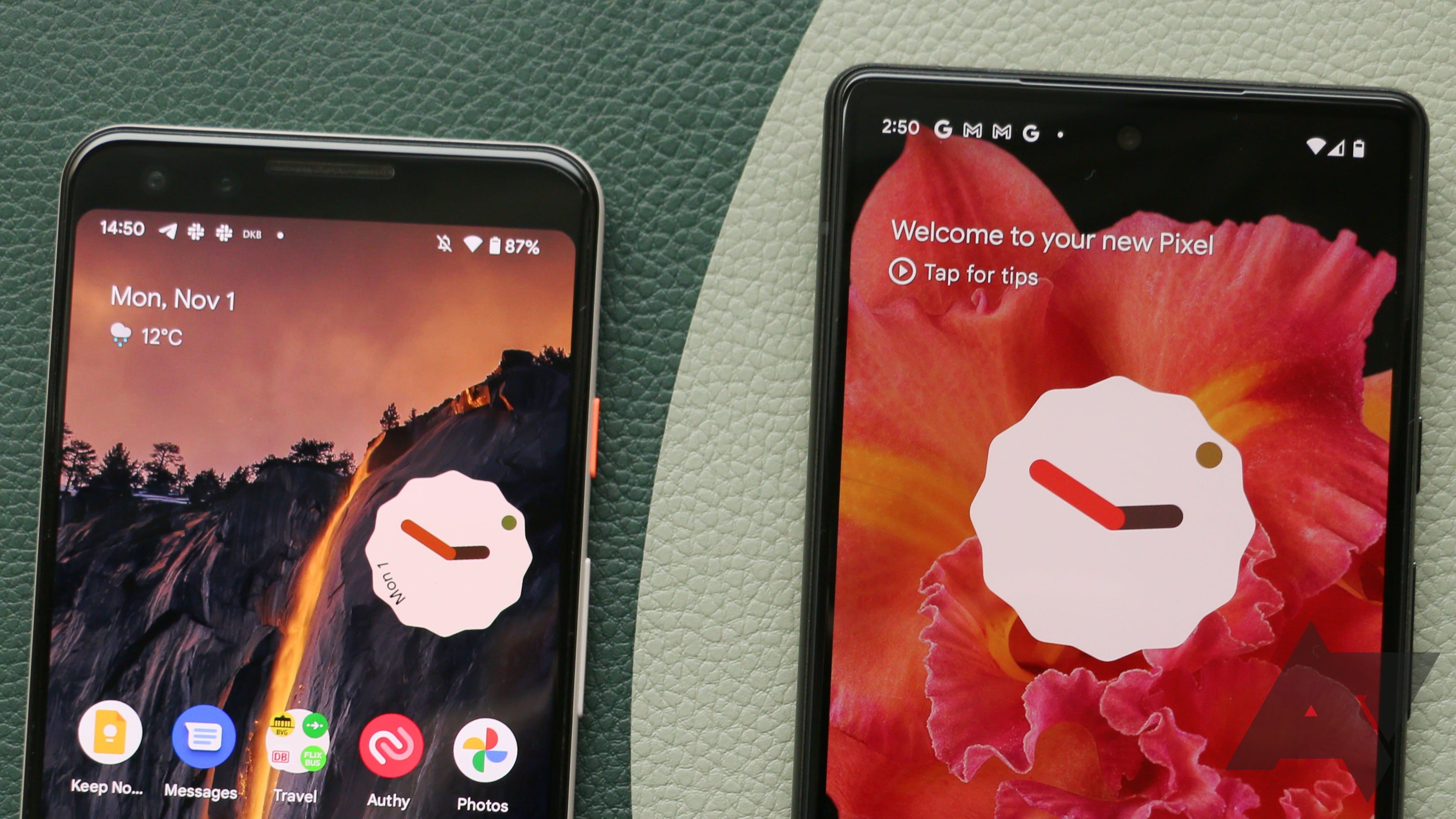 A Google Pixel 3 and a Pixel 6 displaying the At a Glance widget