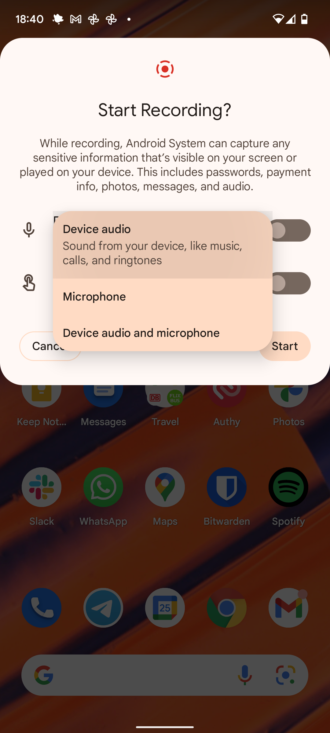 screenshot of screen recorder settings on pixel phone