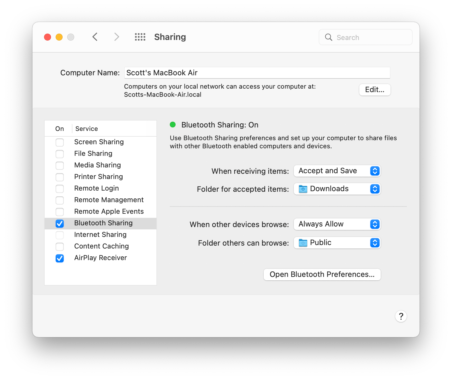 Screenshot of File sharing option via Bluetooth on Mac