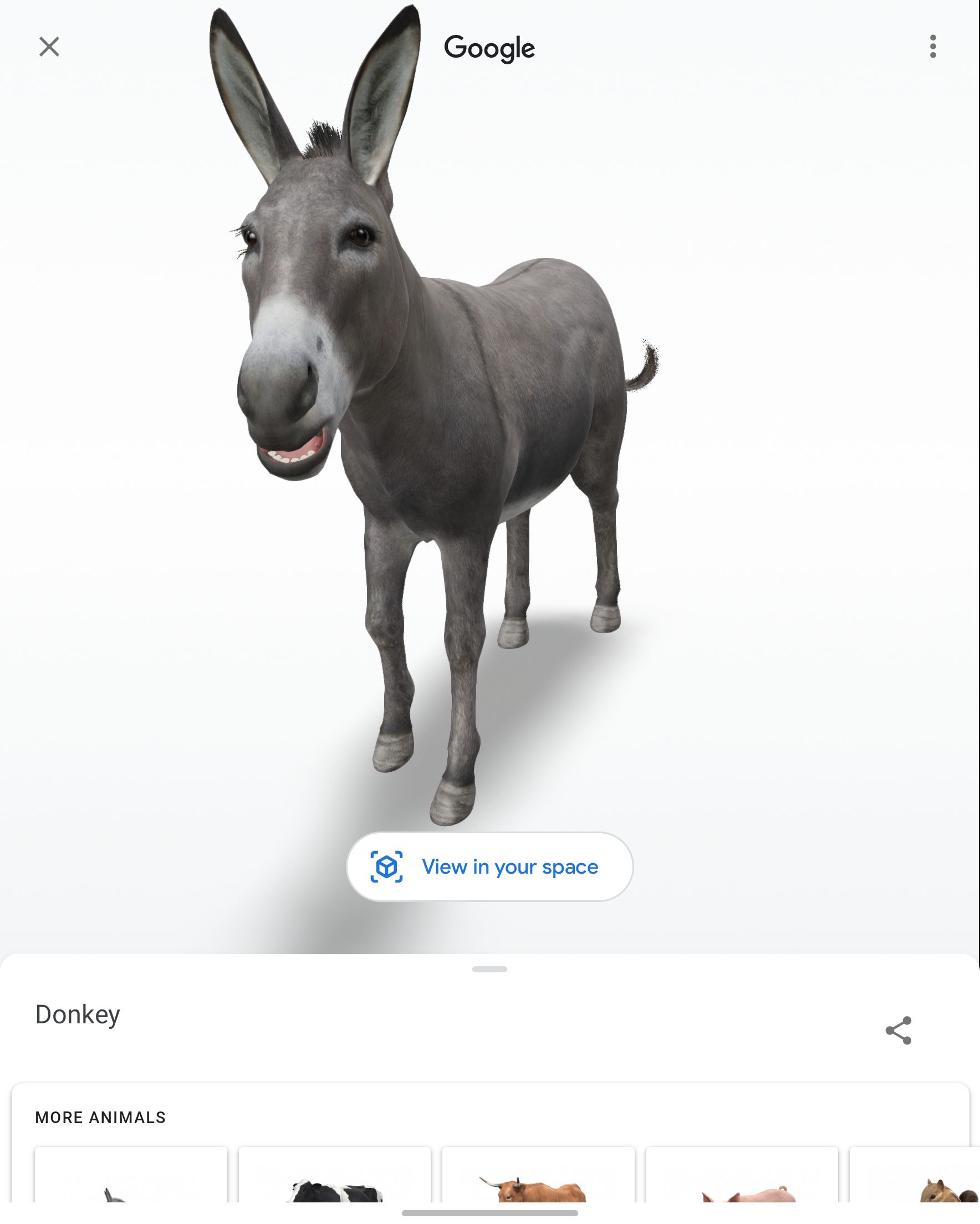Screenshot of a 3D donkey generated by Google