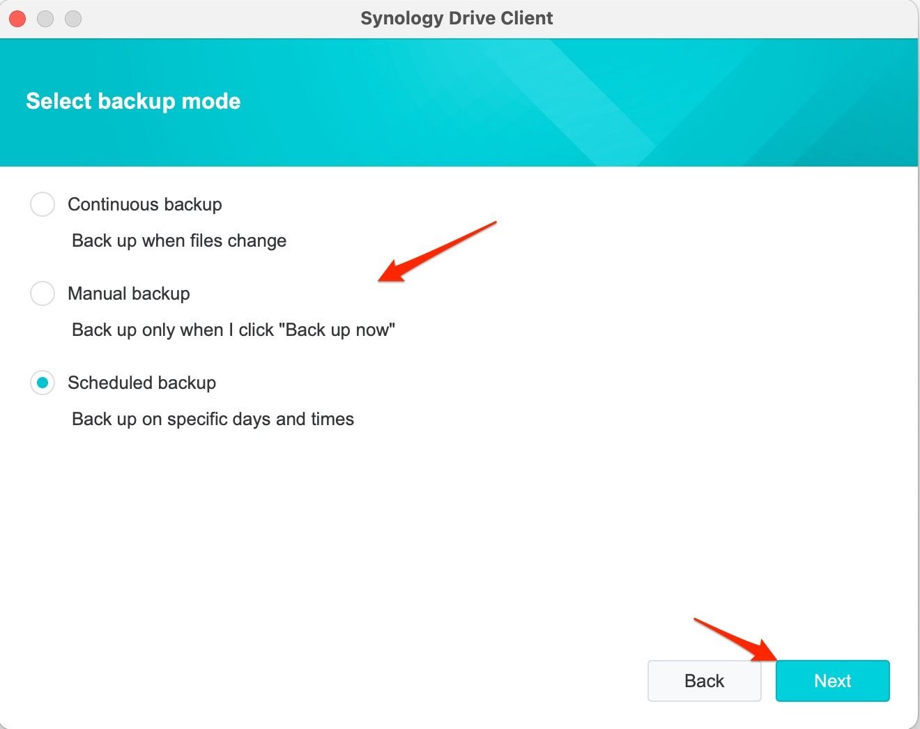 Screenshot shows next step in the Driver Client download, with options for continuous, manual, and scheduled backup.