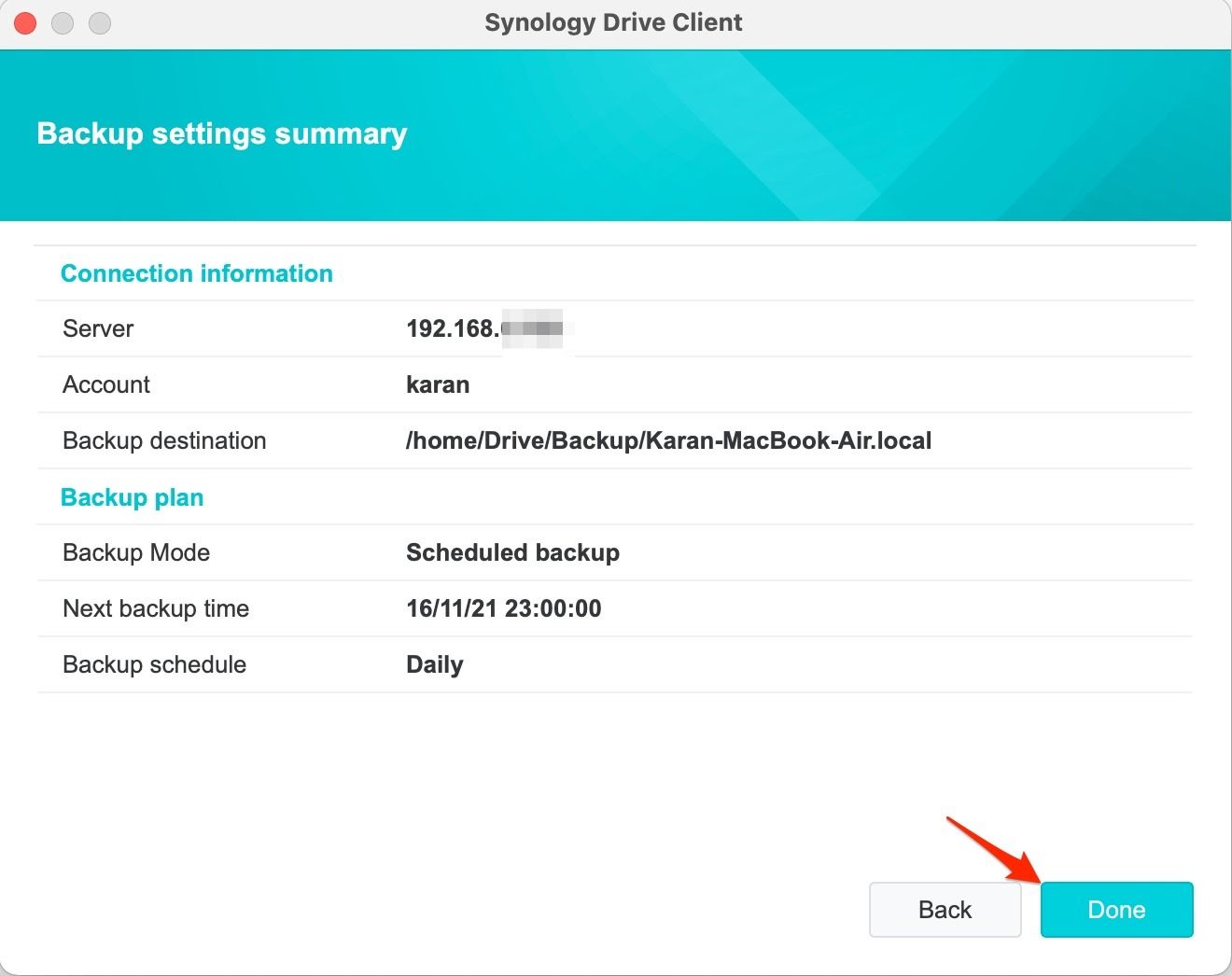 Screenshot shows final step of Drive Client download, displaying the Server and account names, backup details, and an arrow pointing to 'Done'.