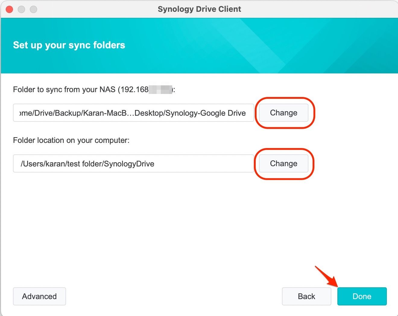 Screenshot shows the next step in the Drive Client sync option, showing locations for where to sync from and where to sync to.