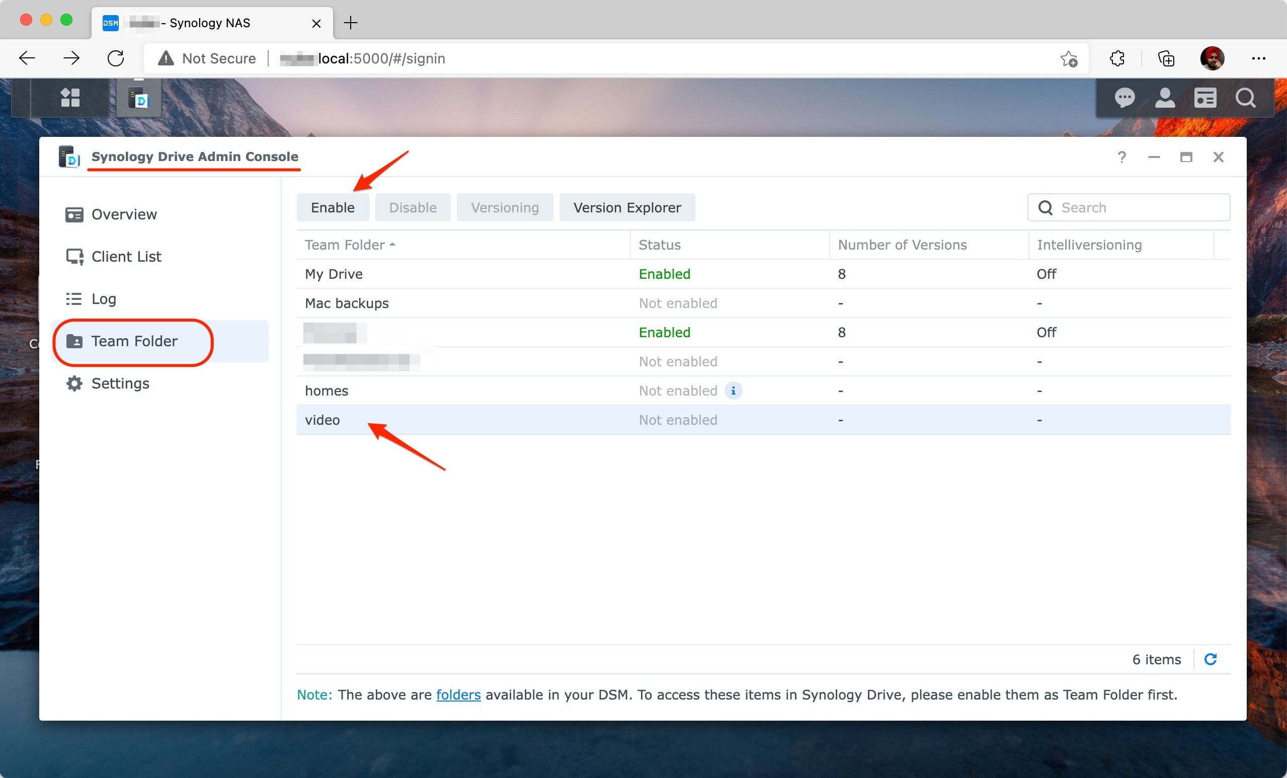 Screenshot shows the Synology Drive Admin Console pop up with arrows ponting to 'Team Folder', 'Enable', and 'video'.