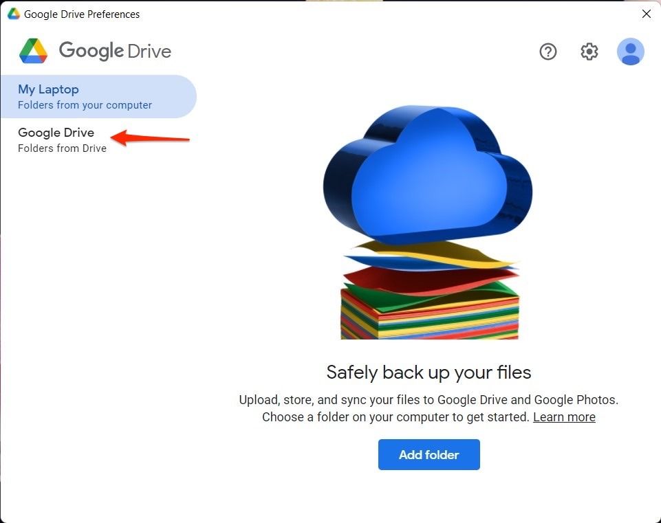 Screenshot shows option to select Google Drive in the Preferences screen.