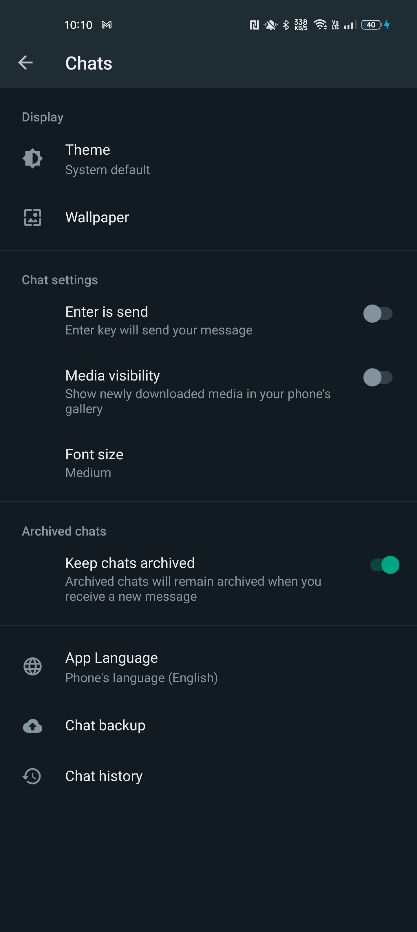 Screenshot of WhatsApp 'Chats' settings page after opening WhatsApp and navigating to Settings > Chats.
