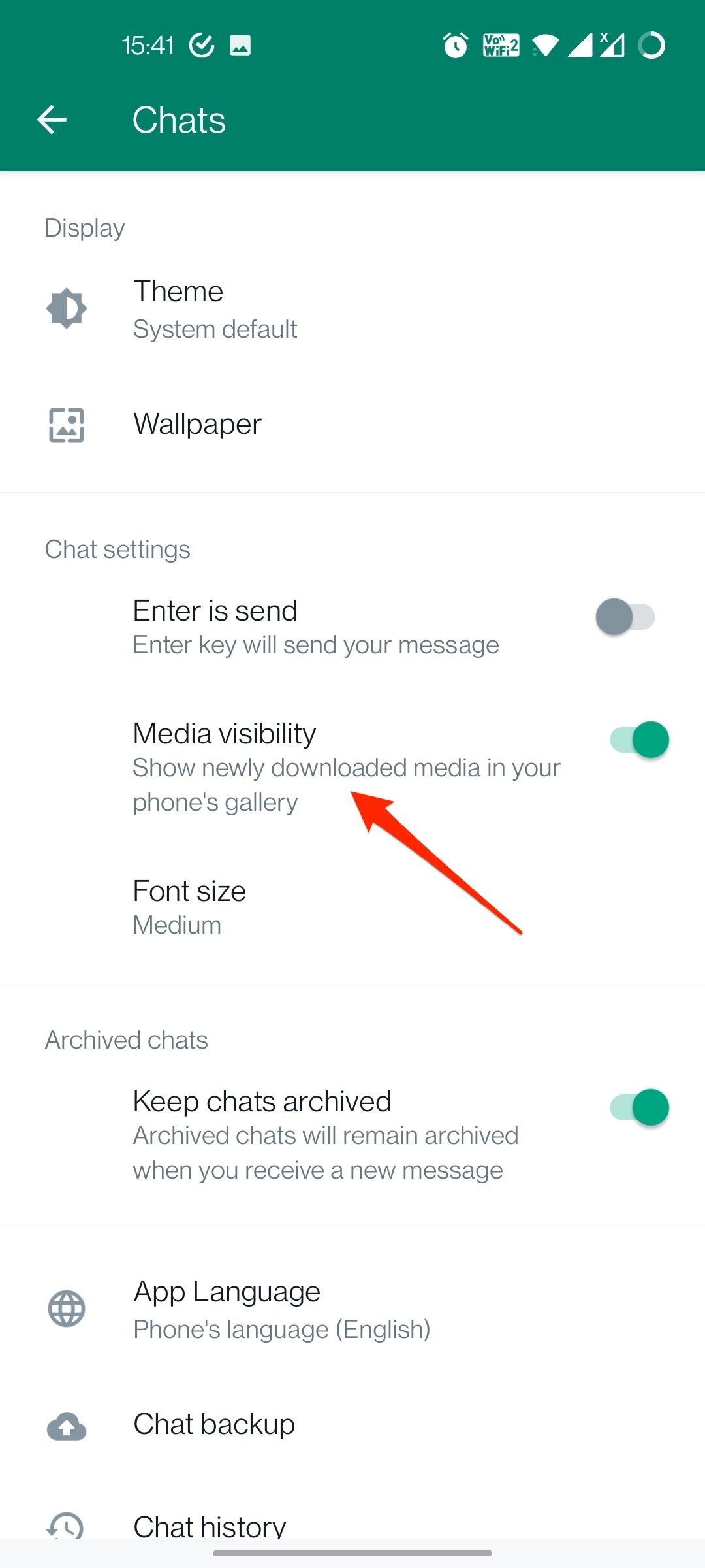 WhatsApp settings app showing Media Visibility option