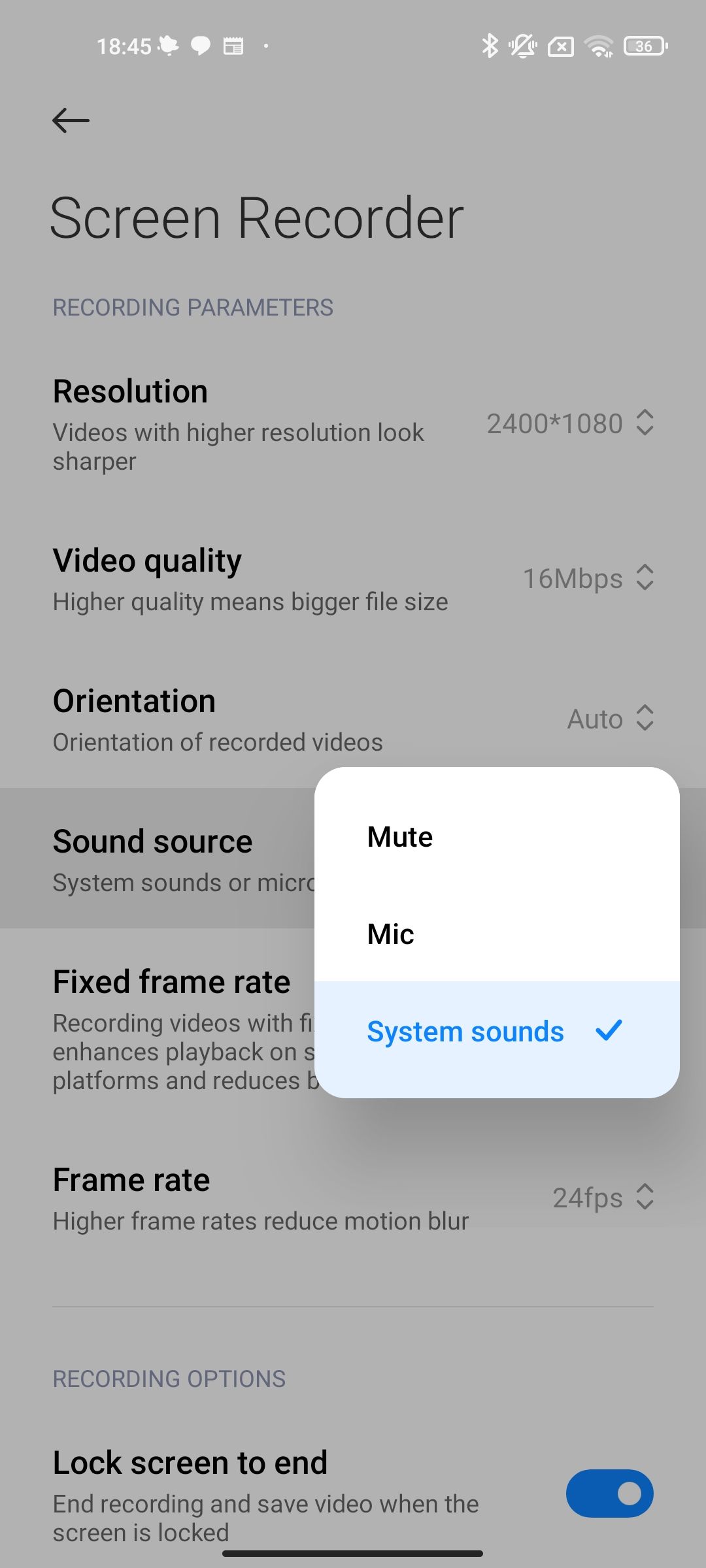 screenshot of screen recorder settings on xiaomi phone