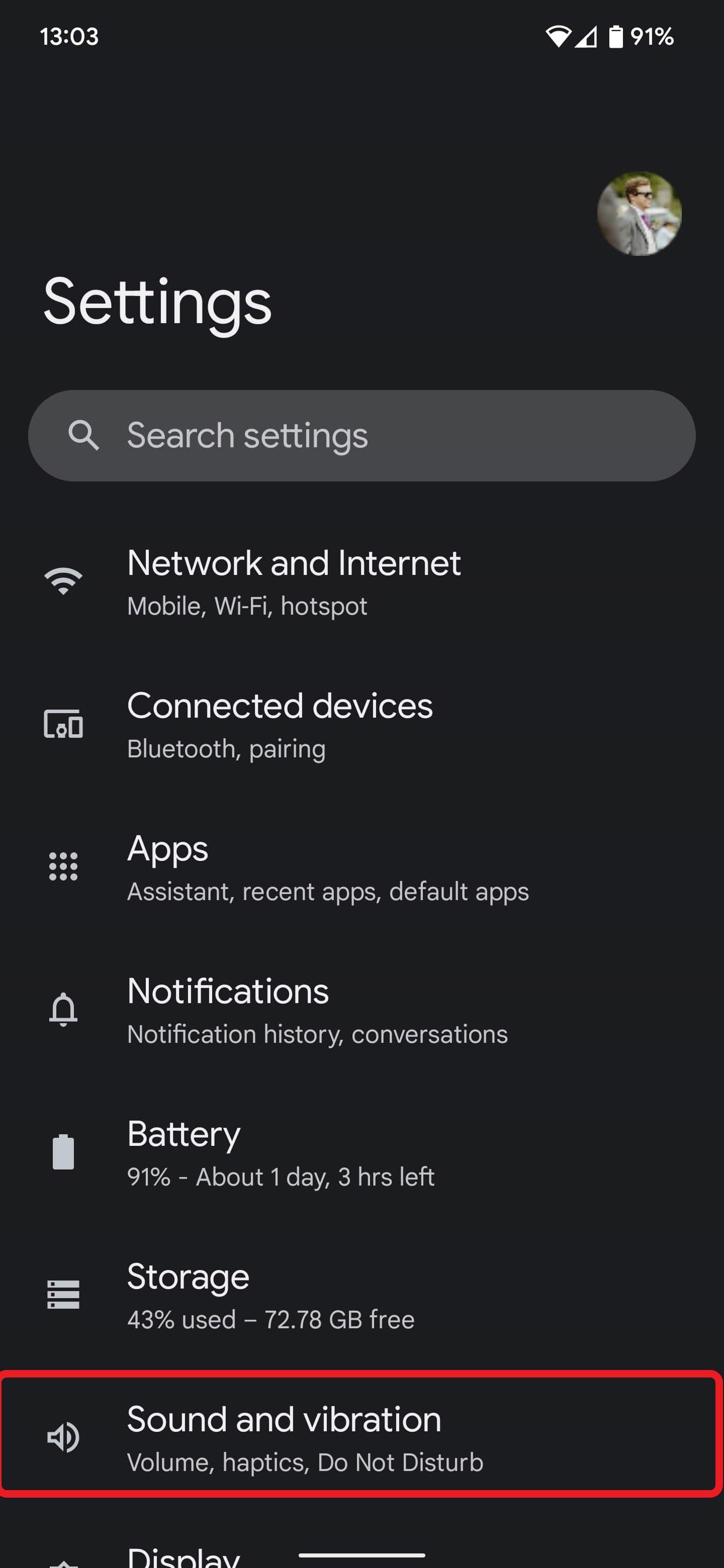 The Google Pixel Settings app with the Sound and vibration option highlighted with a red box around it