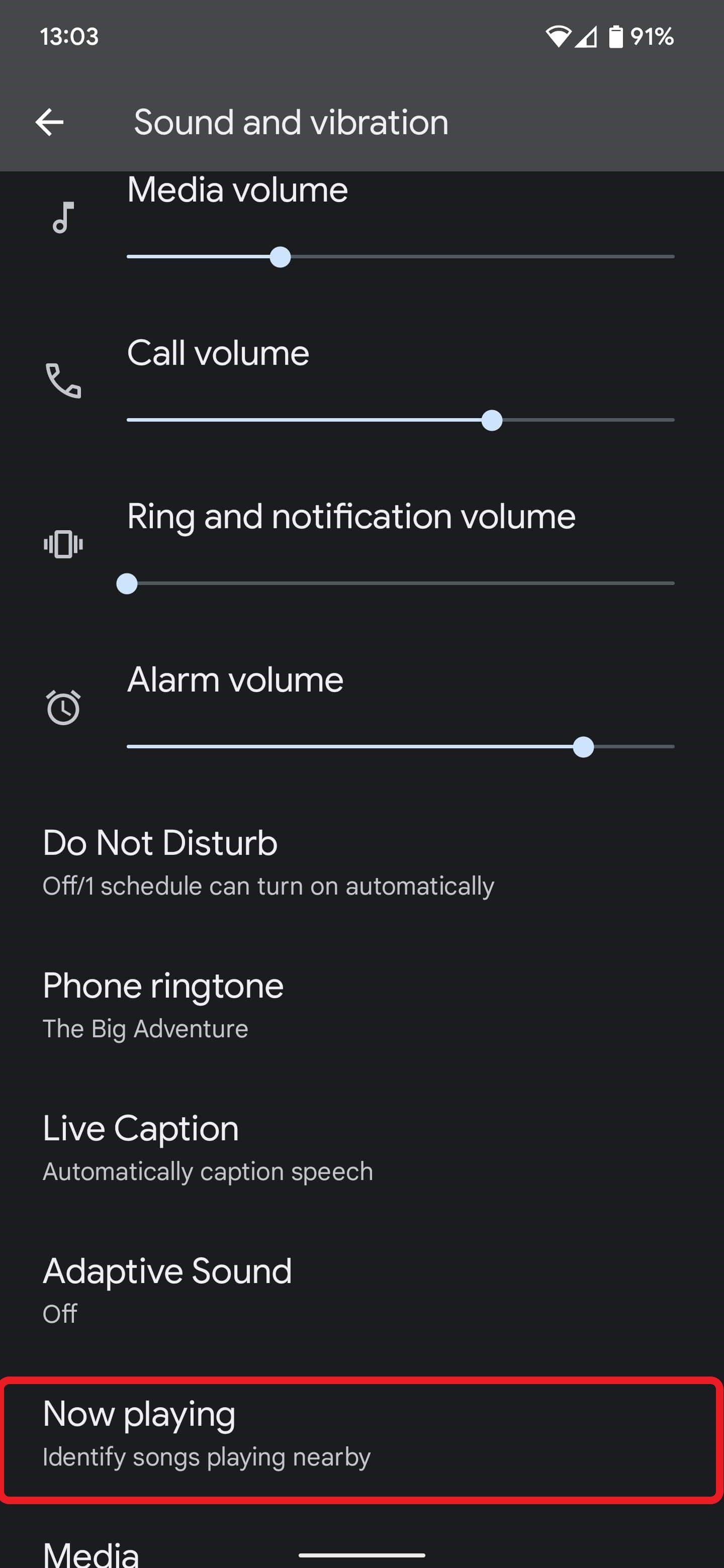 The Sound and vibration settings with a red box around the Now playing option