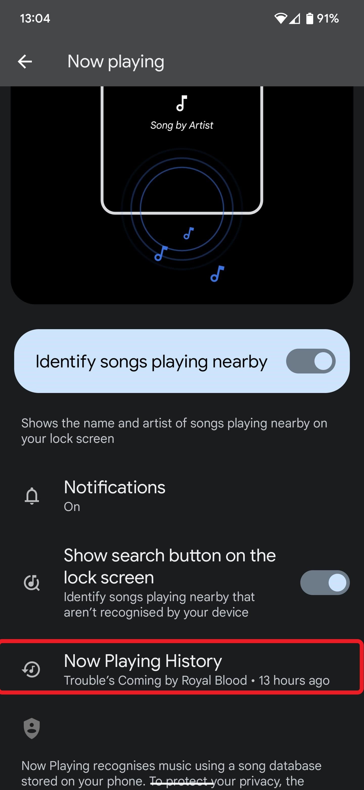 The Now playing settings with a red box around the Now Playing History option