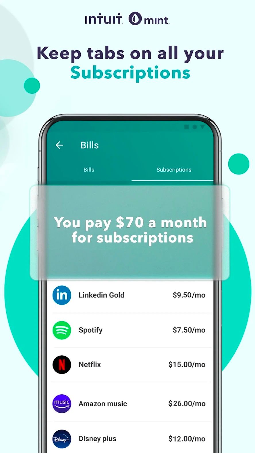 The Mint app showing a list of subscriptions