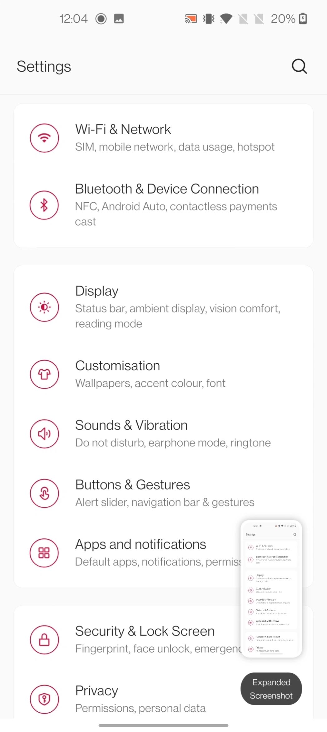 Aplikasi Pengaturan di ponsel OnePlus dengan menu tangkapan tangkapan layar di kanan bawah setelah mengambil tangkapan layar