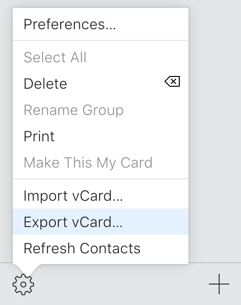 Export vCard menu on Android.