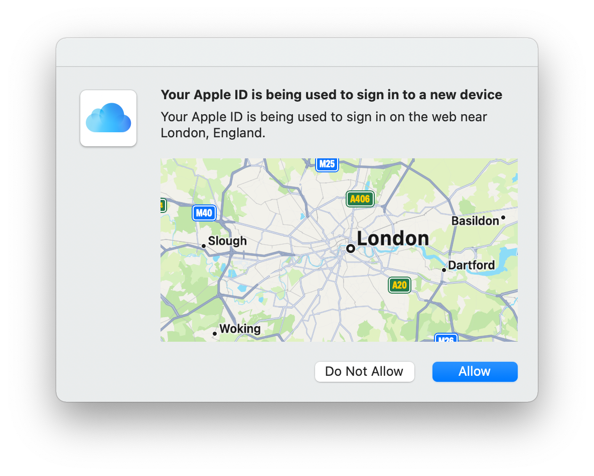 Apple ID warning when signing into iCloud on Android.