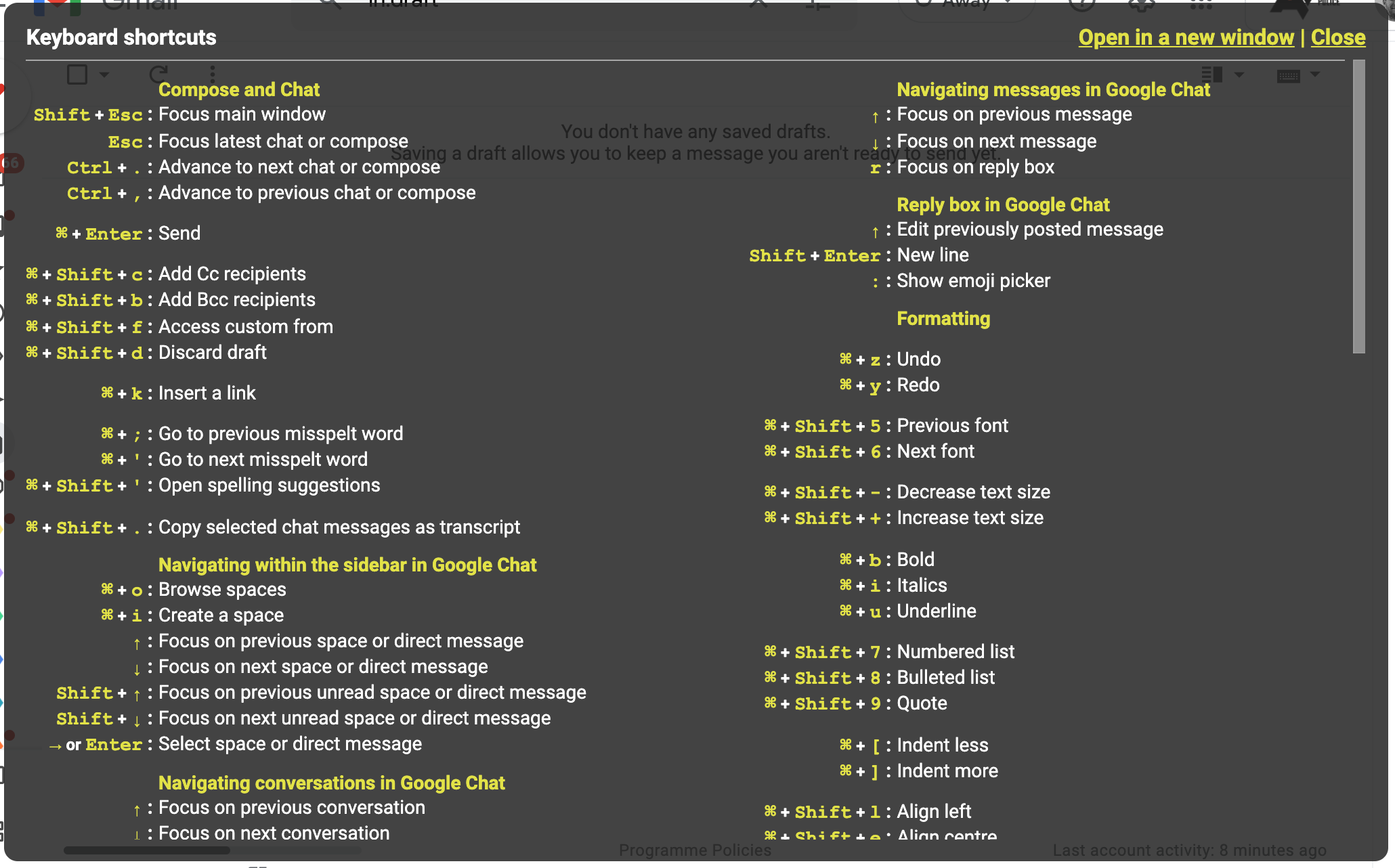 A list of the Gmail keyboard shortcuts