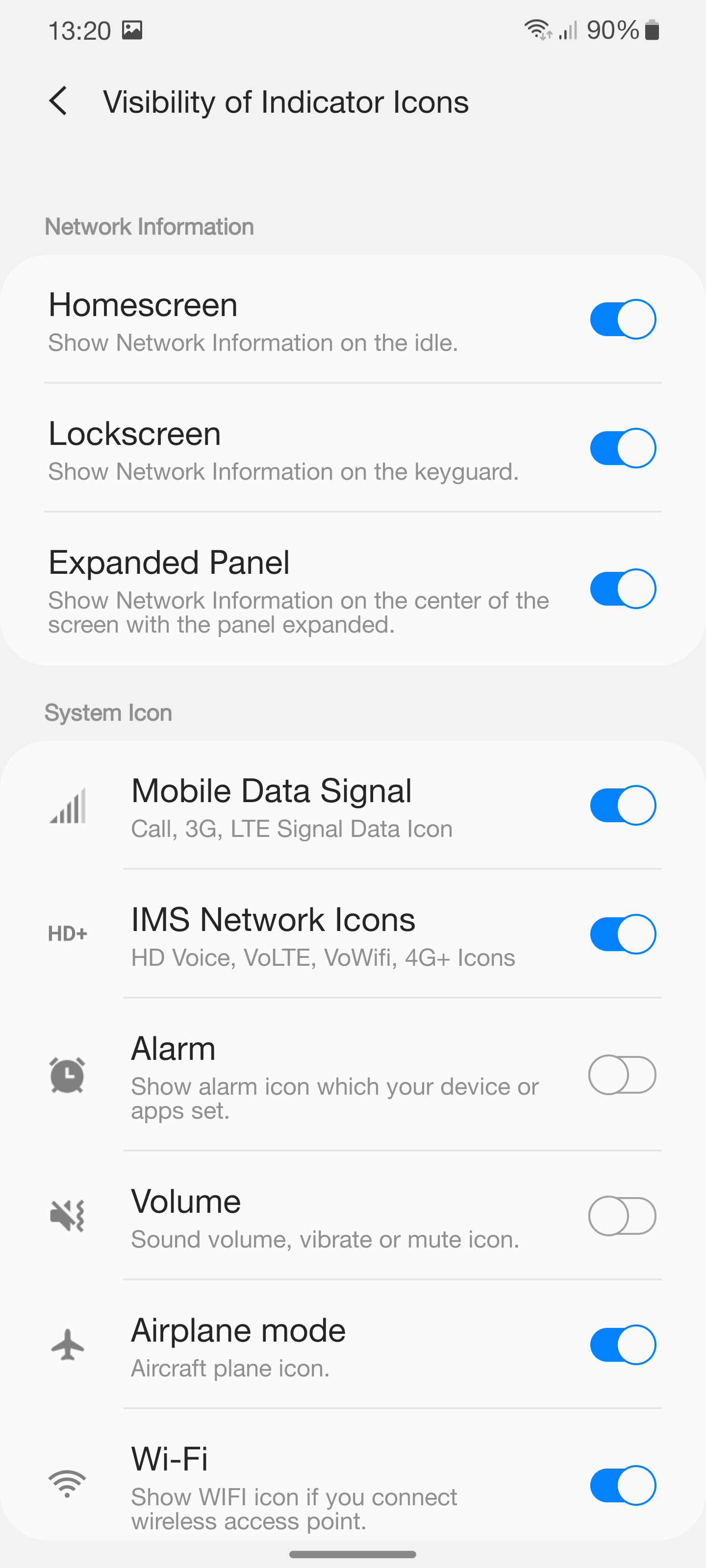hide indicators in Samsung One UI
