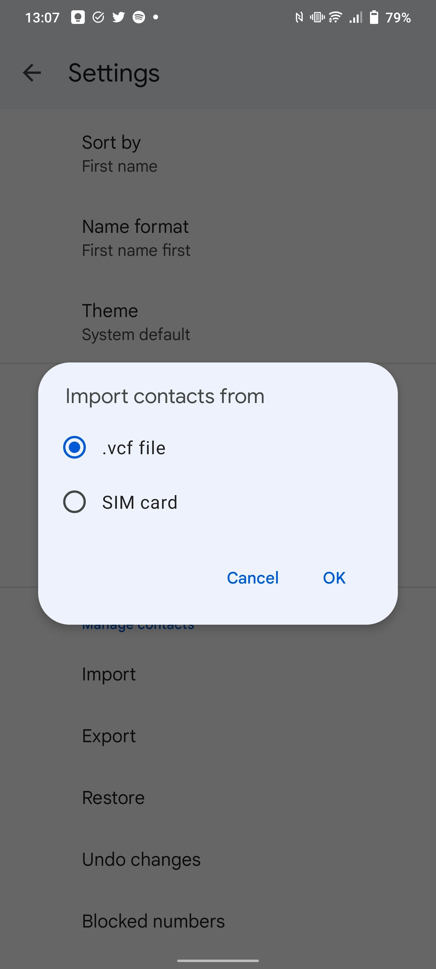 Import vCard confirmation for Android phone.