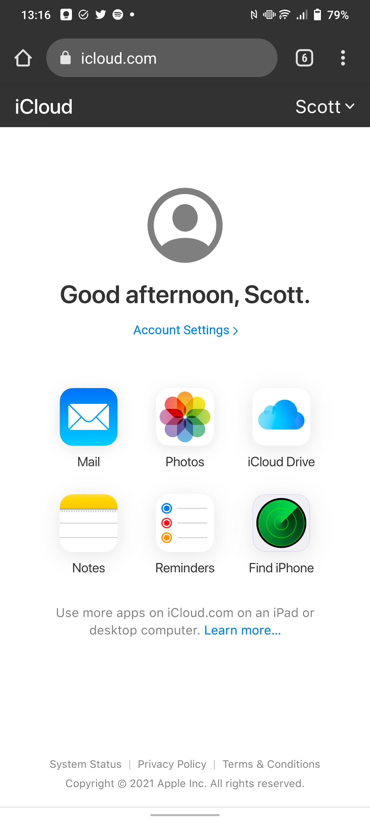 iCloud greeting on Android after signing in.
