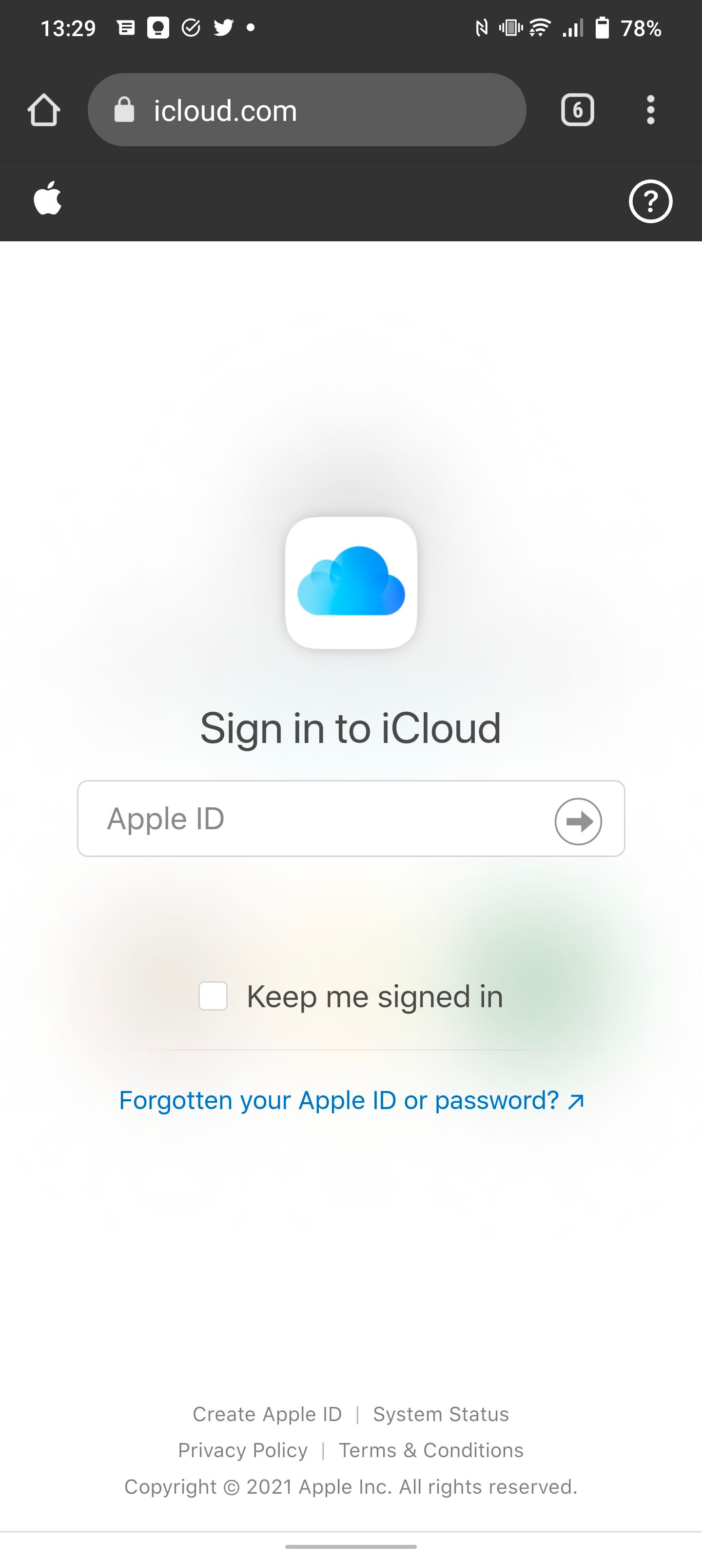 Sign-in screen for iCloud on an Android.
