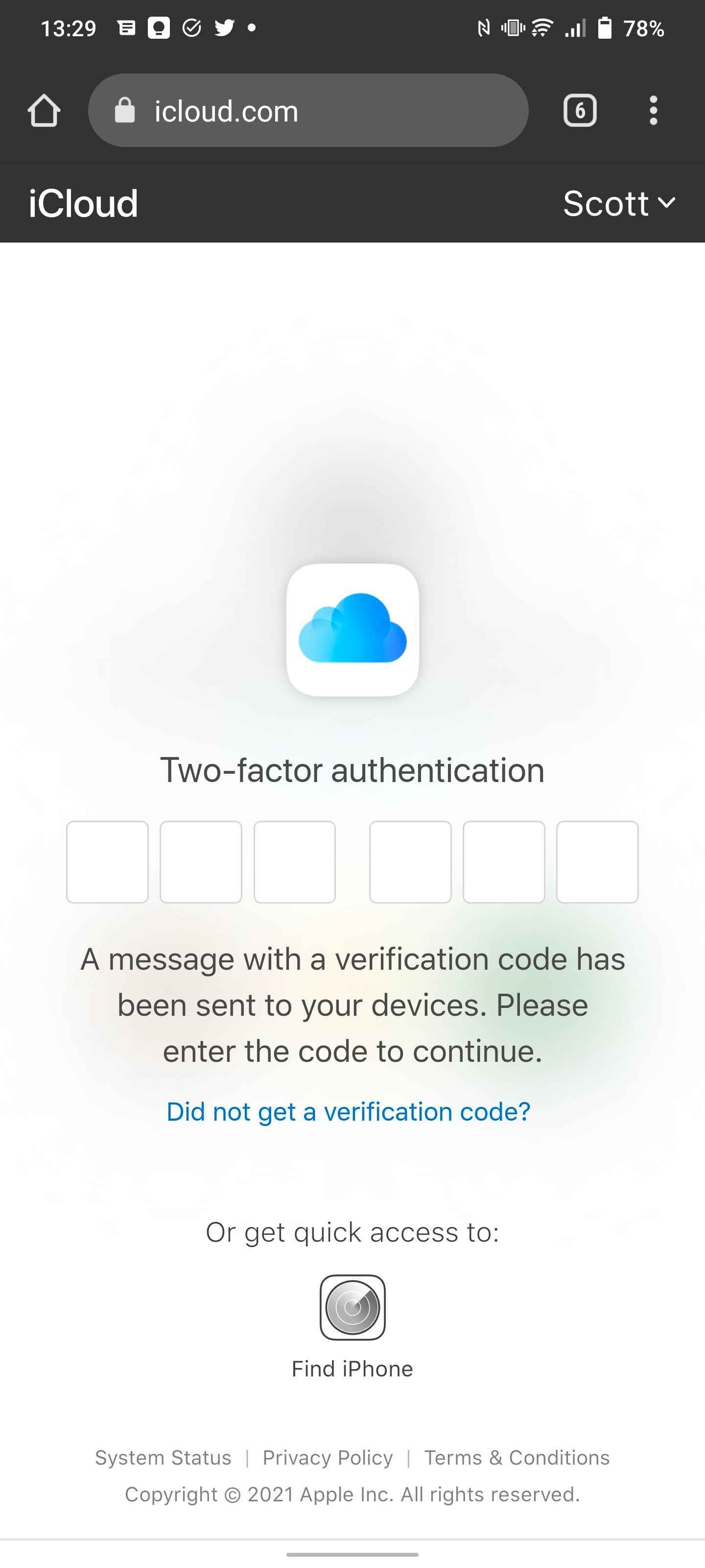 Request for two-factor authentication for iCloud on an Android.