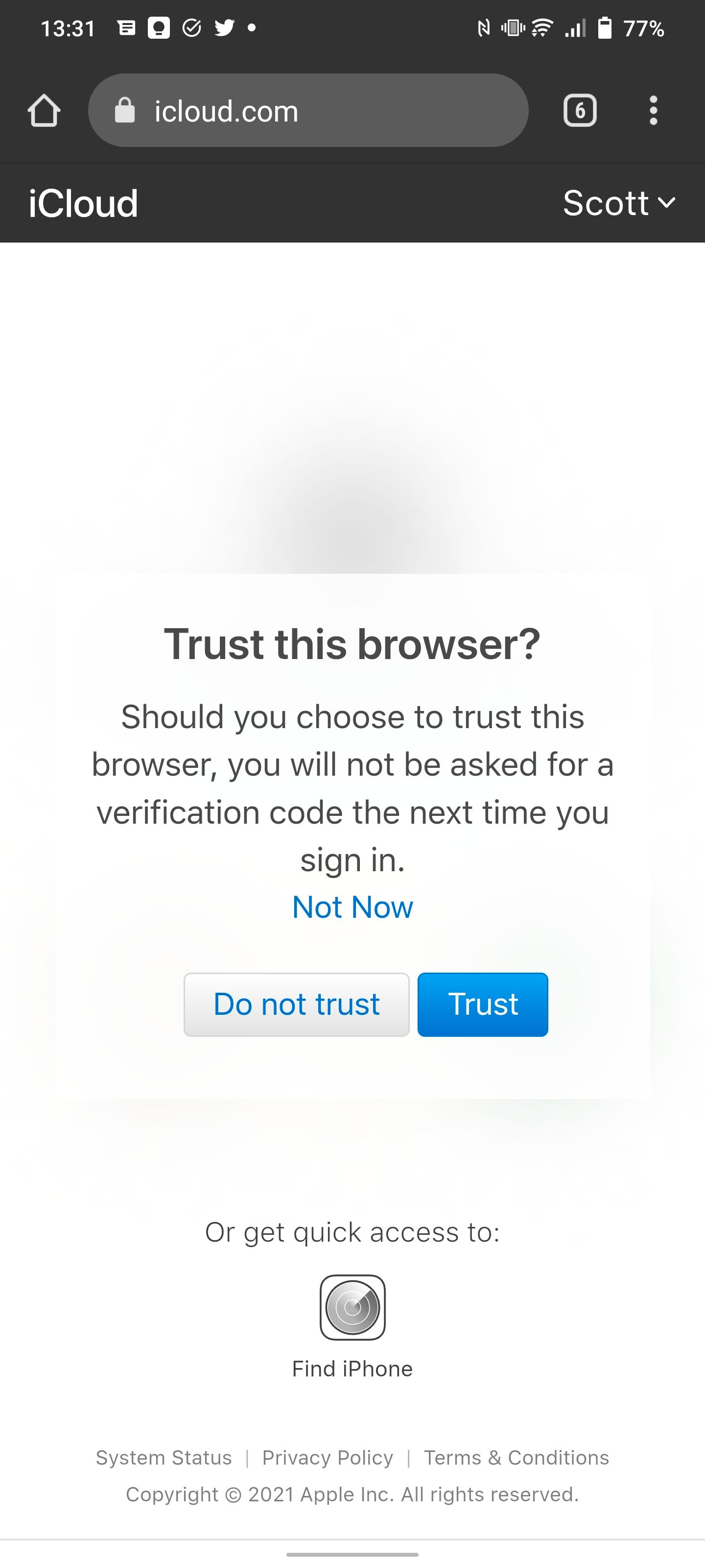 Option to trust browser when signing into iCloud.