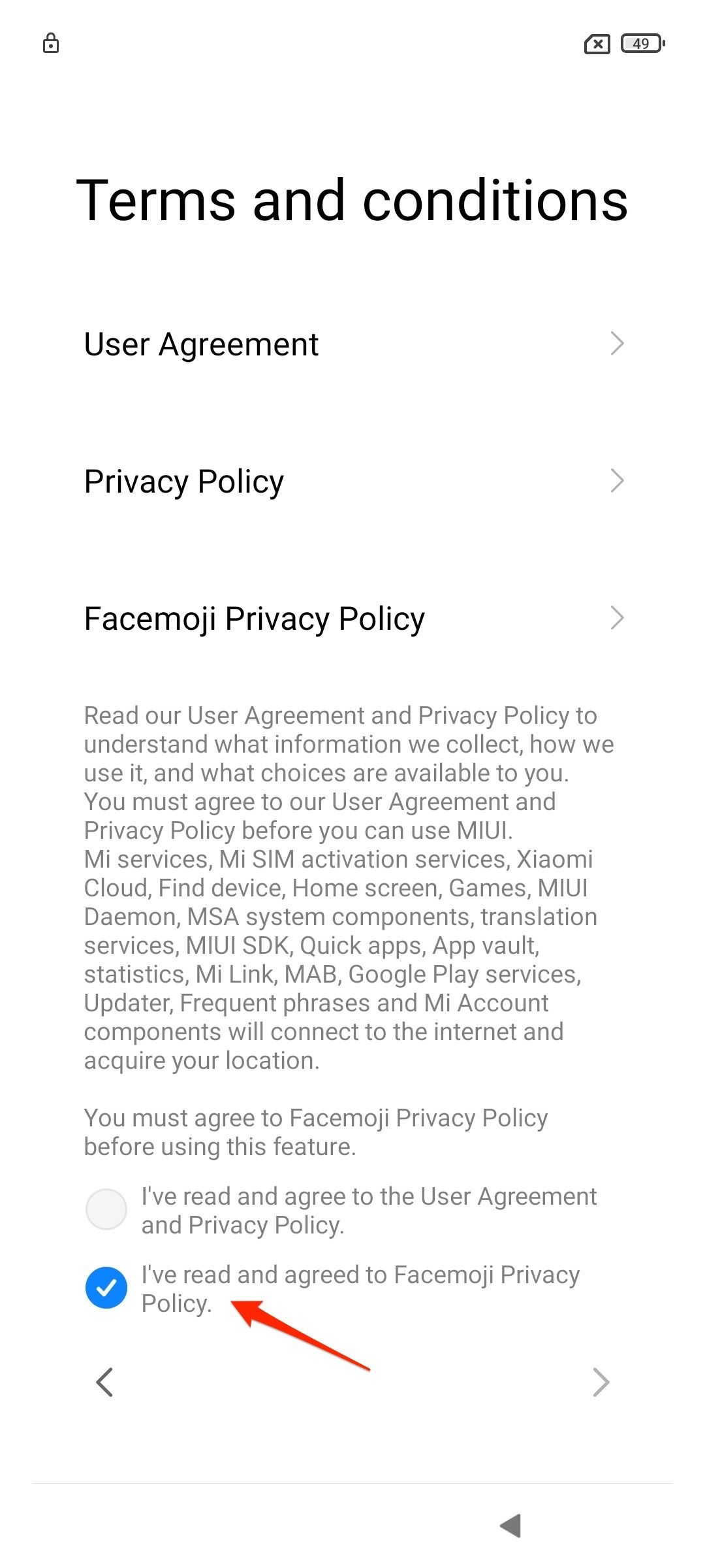 Accepting terms and conditions of setting up Xiaomi phone