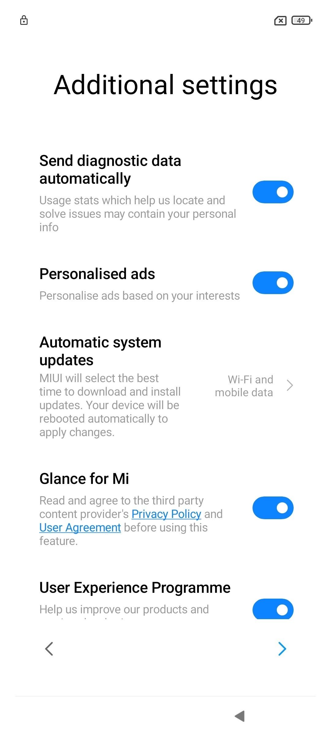 Xiaomi Additional settings during setup