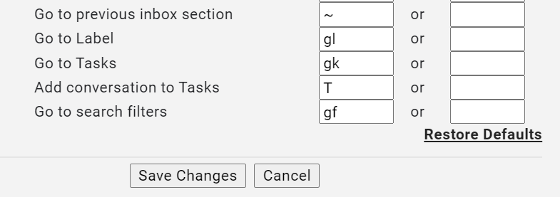 Showing the Restore Defaults option for custom keyboard shortcut actions in the desktop version of Gmail