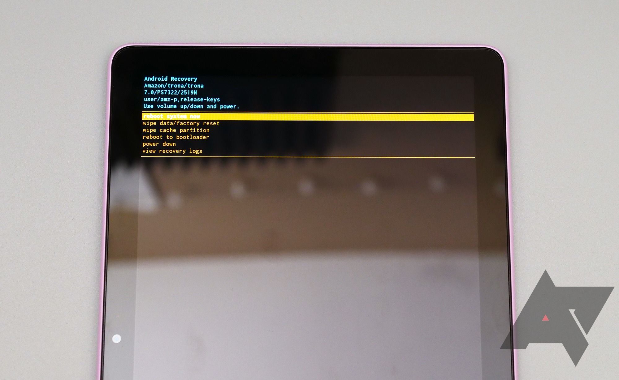An Amazon Fire Tablet on the Android Recovery screen to clear cache.