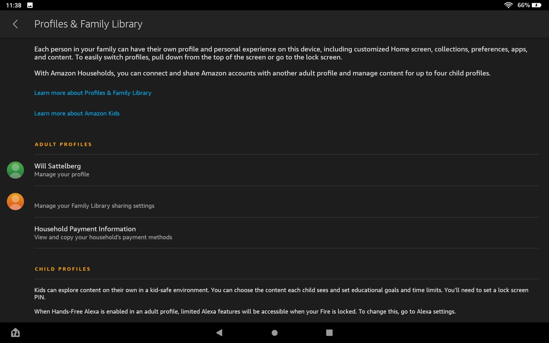 The Profiles and Family Library page in Fire OS settings.