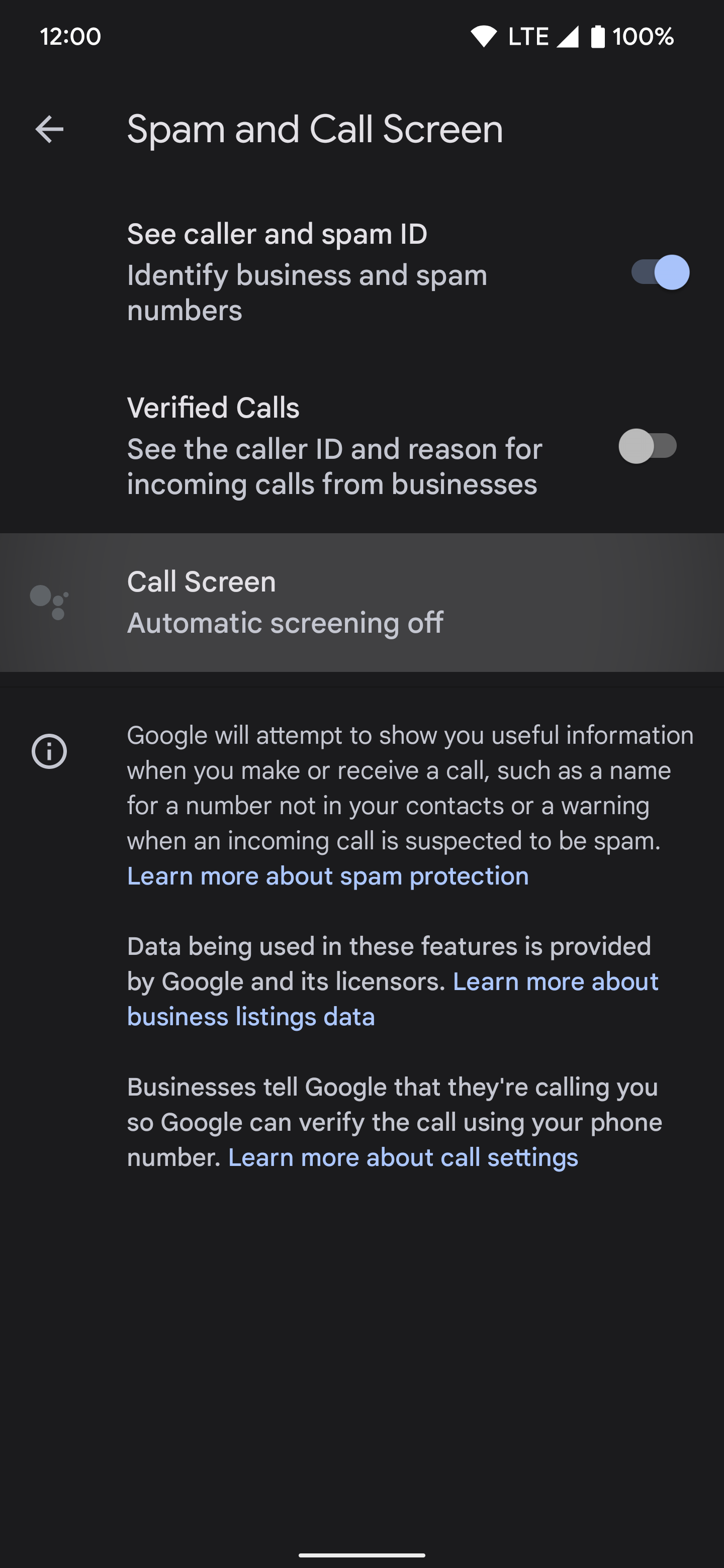 pixel phone spam and call screen settings