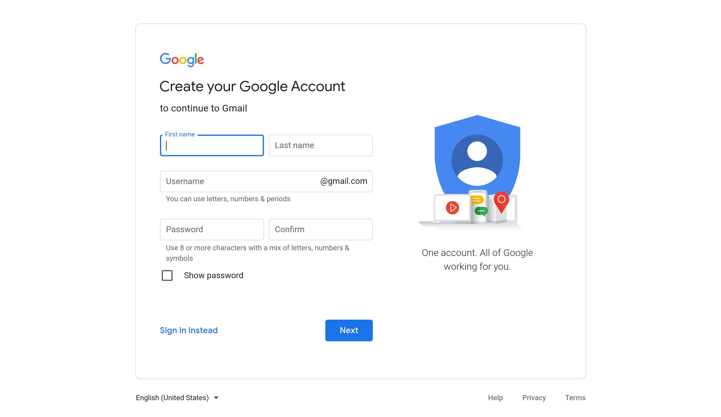Persyaratan pembuatan akun untuk akun Gmail.