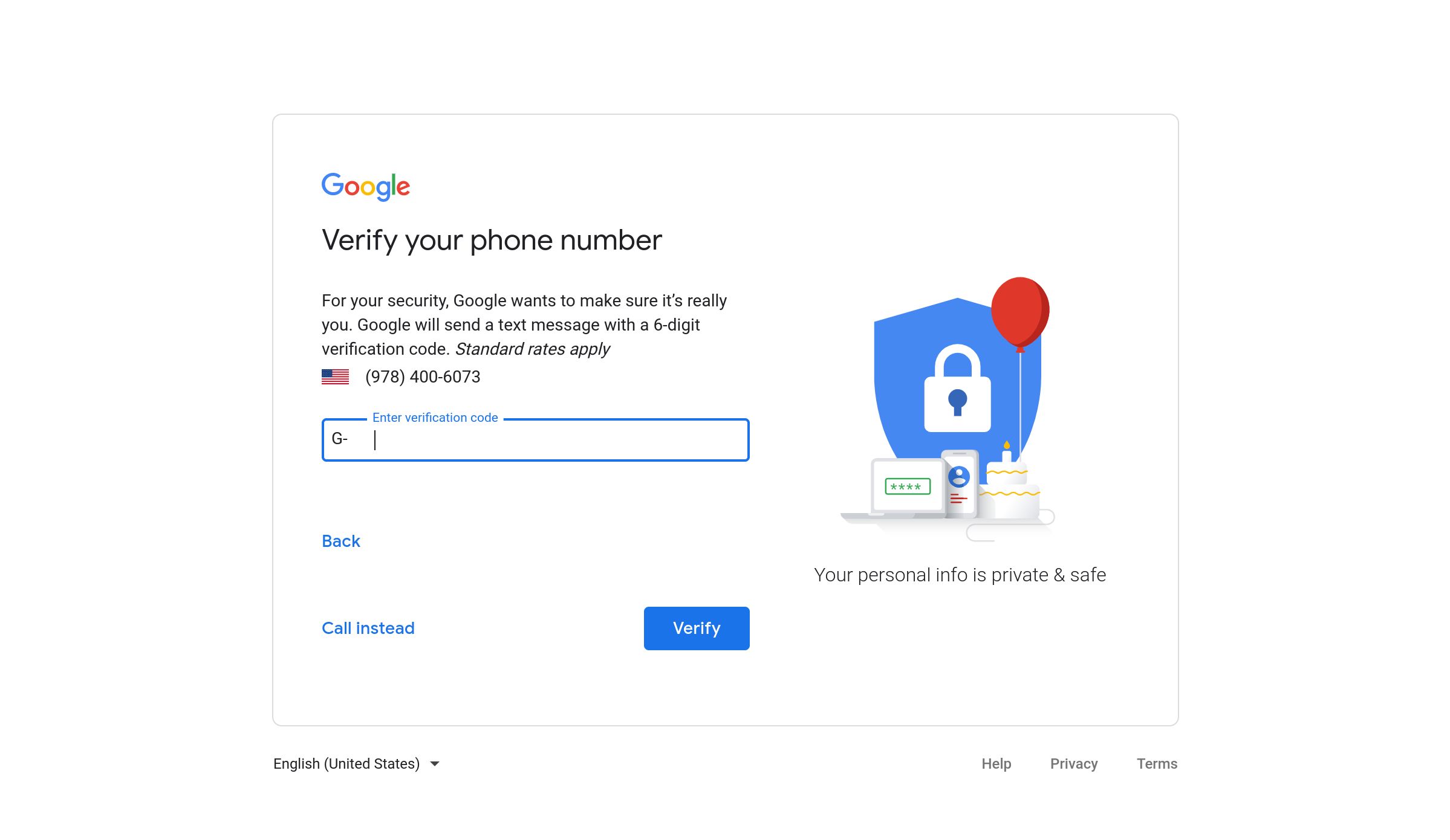 Layar verifikasi telepon untuk pendaftaran Gmail