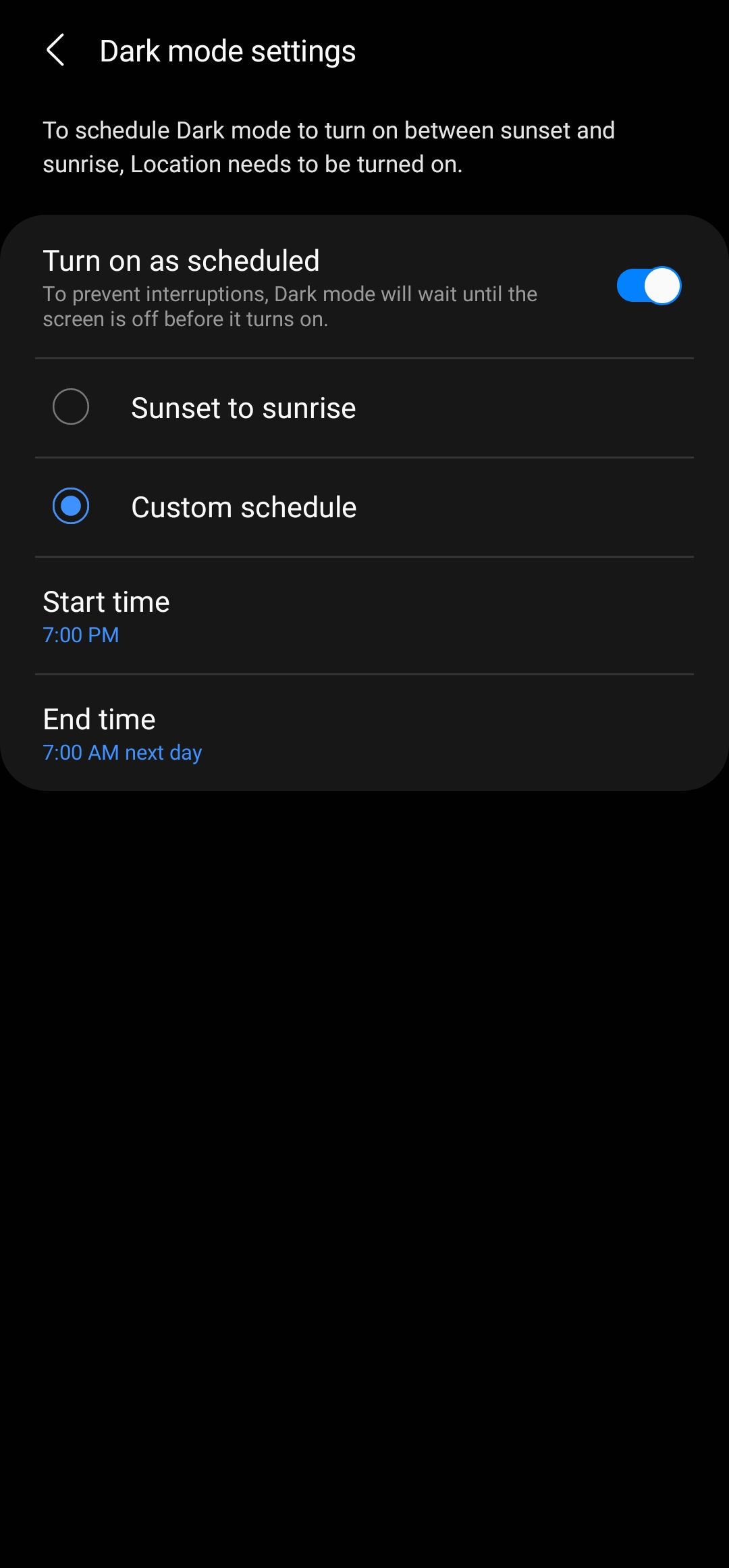 Use the custom schedule option to schedule dark mode on your Samsung phone
