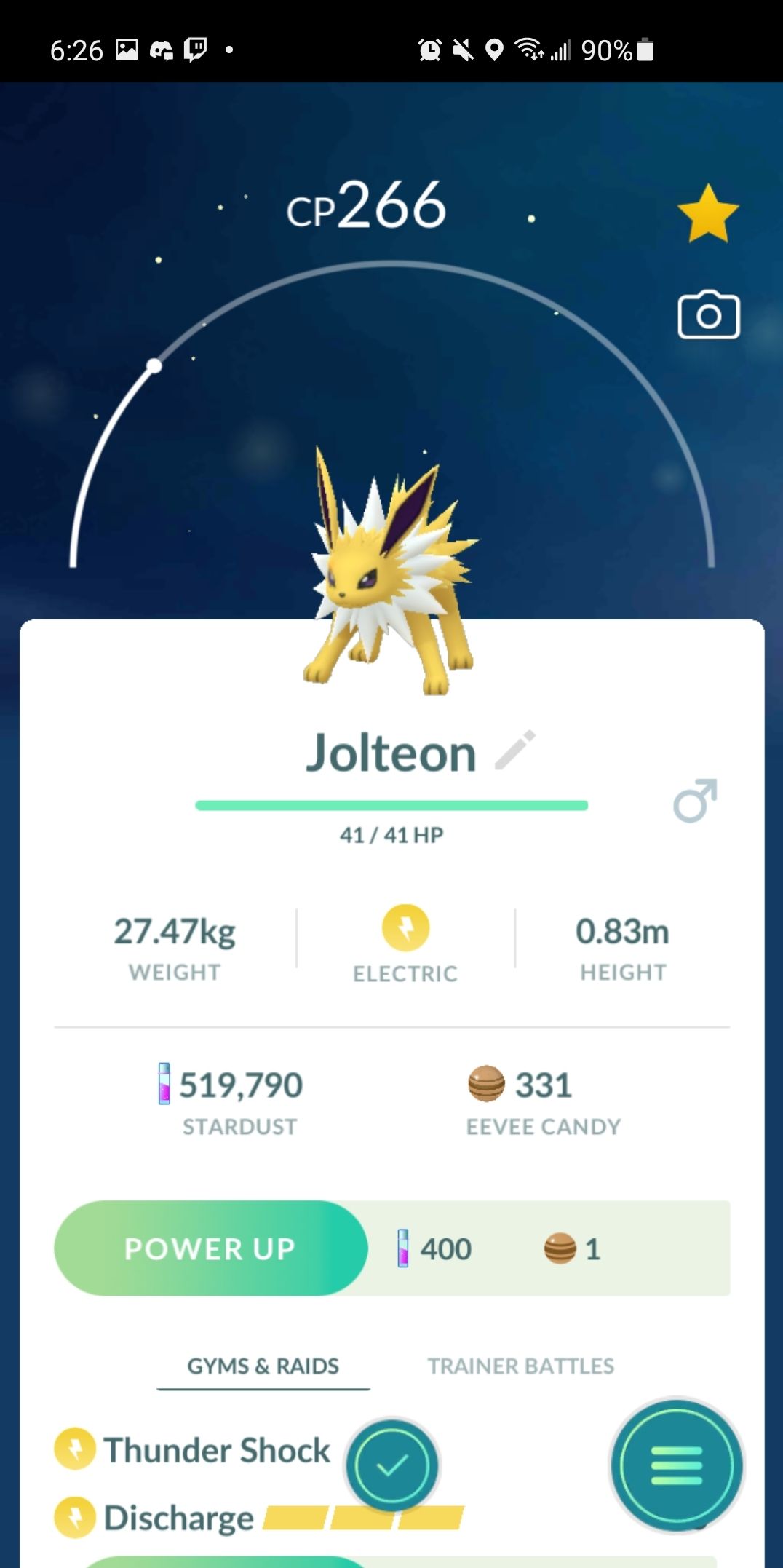 jolteon pokemon go stat page with star filled in top right