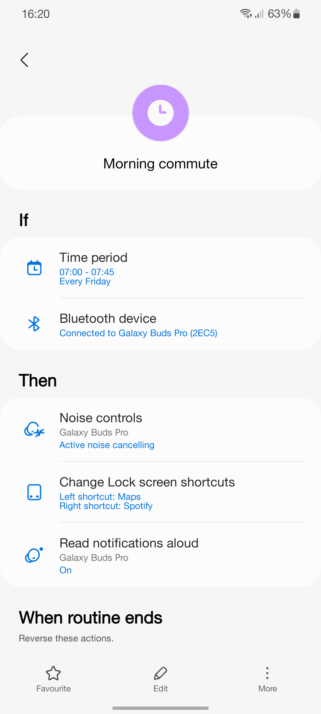 Screenshot showing a routine setup for Samsung that is trigged by buds being connected